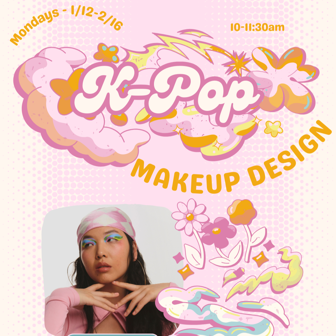 Promotional poster for a makeup and K-pop makeup design event, featuring colorful illustrations of clouds, flowers, and lightning, with a photo of a woman with vibrant rainbow makeup.