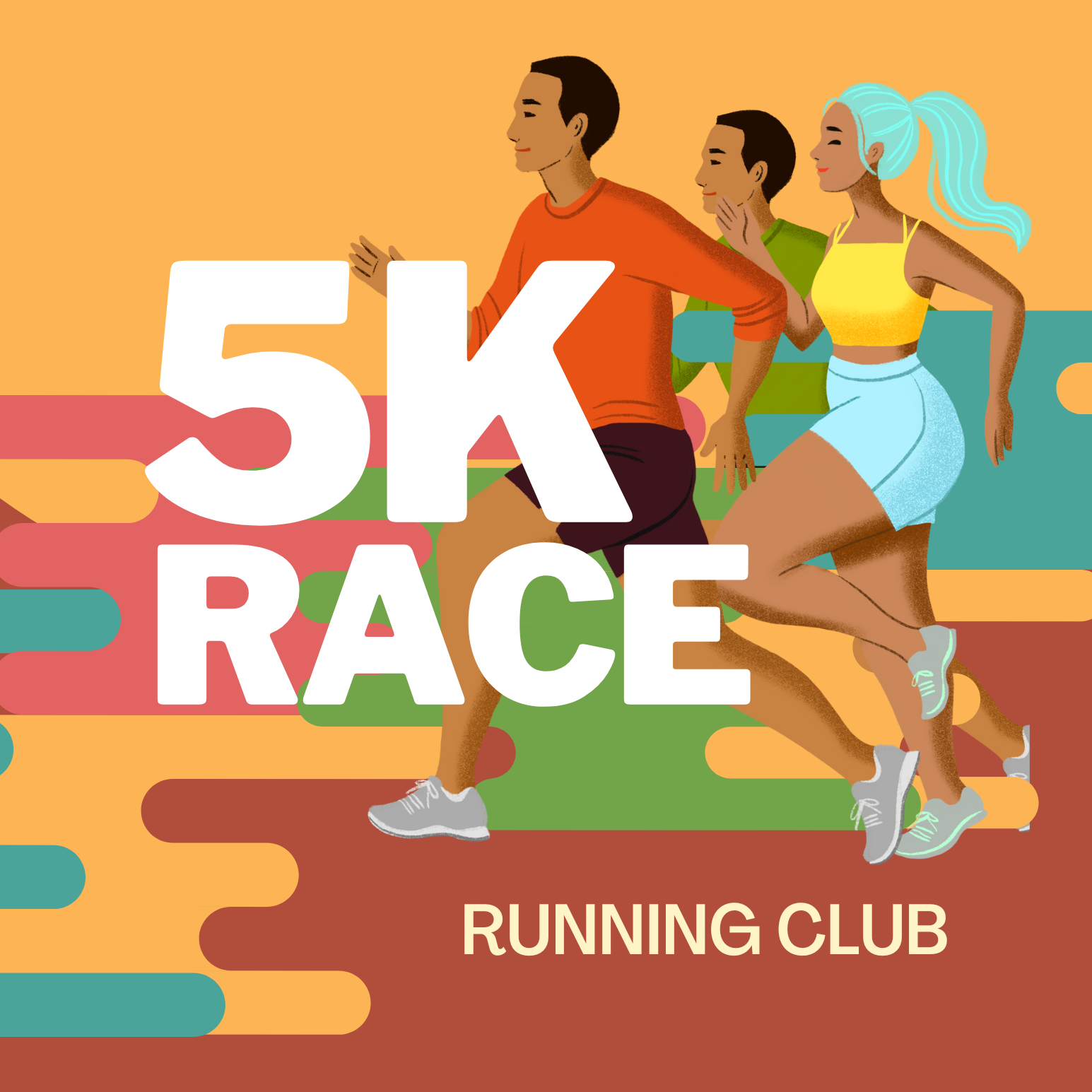 Illustration of three diverse people running outdoors with large white text that reads '5K RACE' and smaller text at the bottom saying 'Running Club.' The background has abstract colorful shapes.