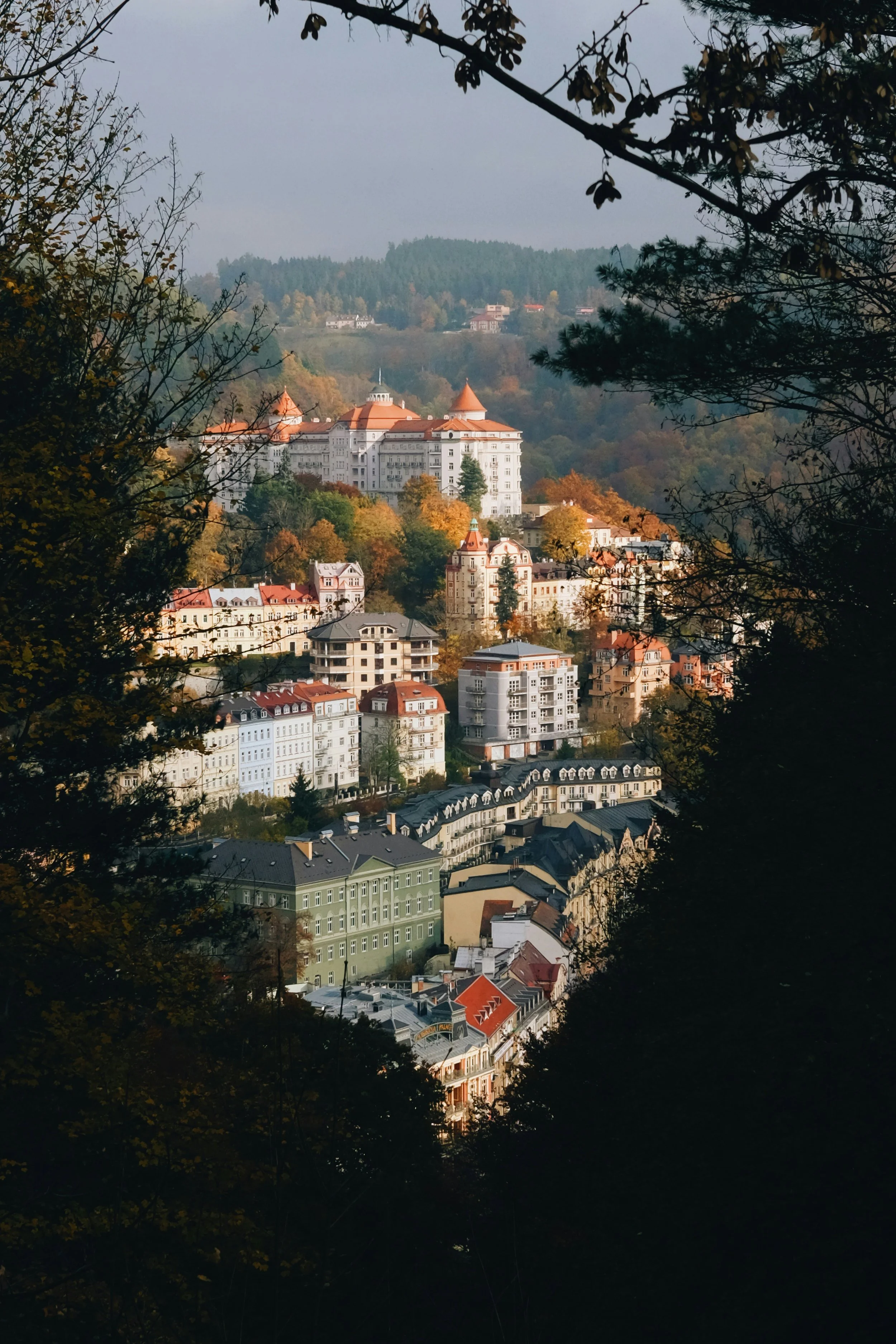 A scenic view of a hillside town with numerous colorful buildings, trees with autumn foliage, and a castle-like structure at the top, framed by tree branches.