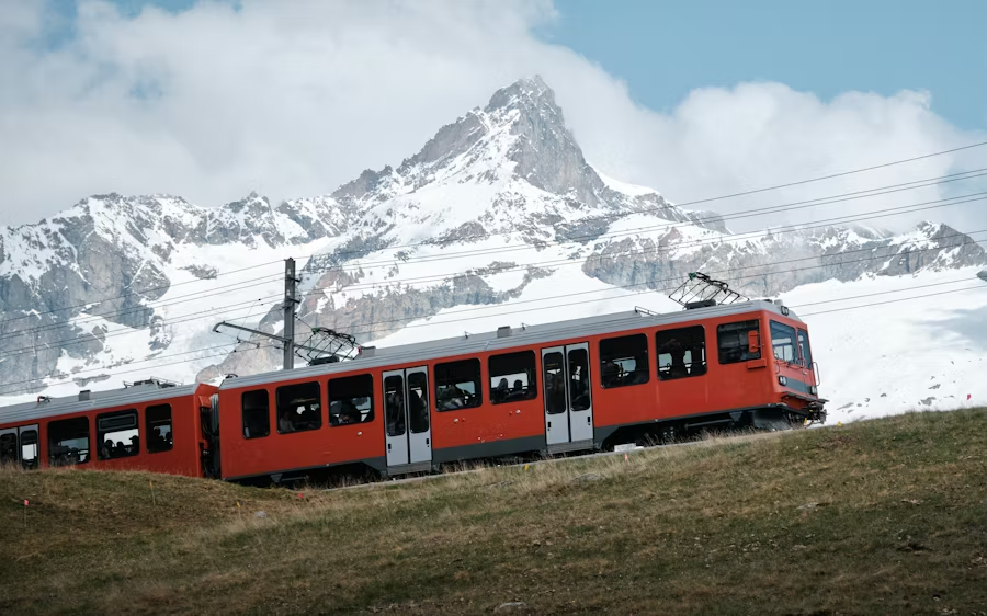 A red train traveling on tracks through a mountainous landscape with snow-capped peaks in the background.