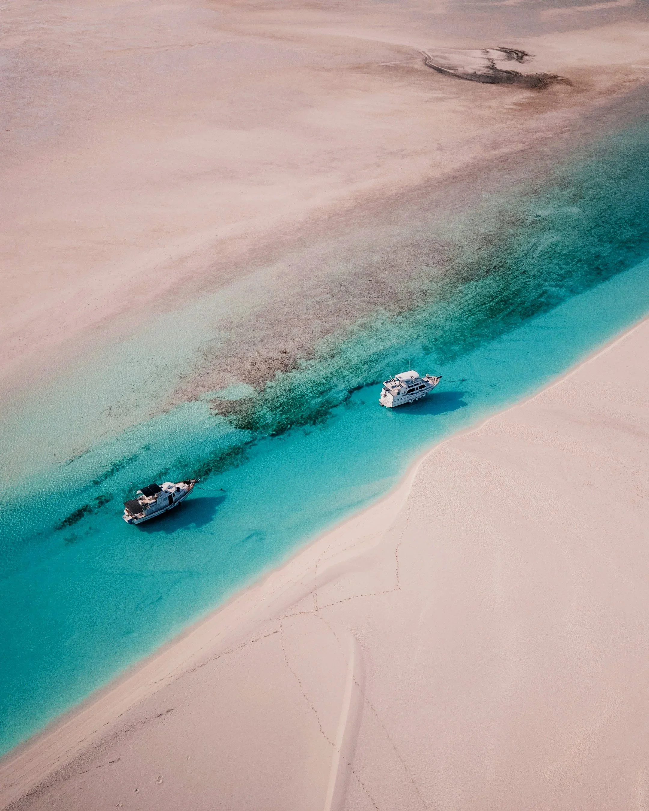 Two yachts anchored in shallow, turquoise water near a sandy shoreline, with a strip of darker water or seaweed along the edge.