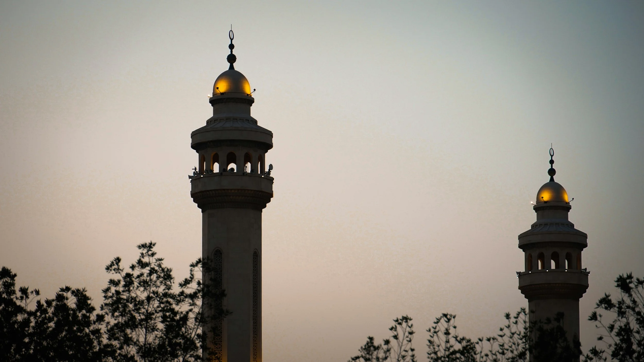 Two minarets with illuminated domes against a dusk sky, with trees in the foreground.