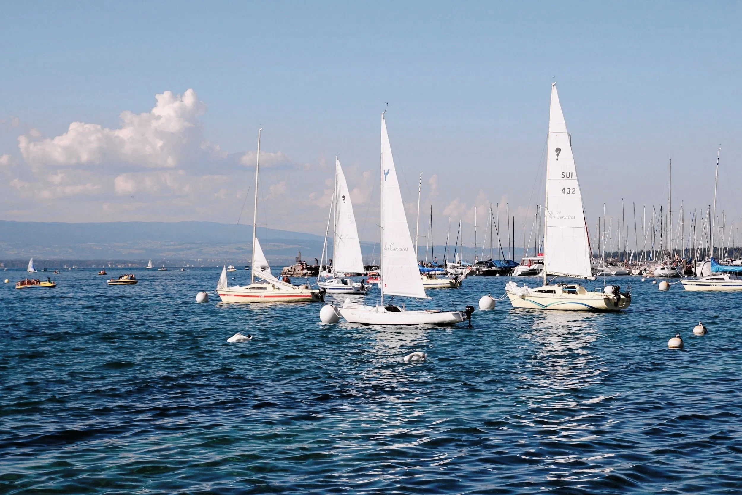 A harbor with sailboats and yachts floating on the water, with a distant shoreline and partly cloudy sky in the background.