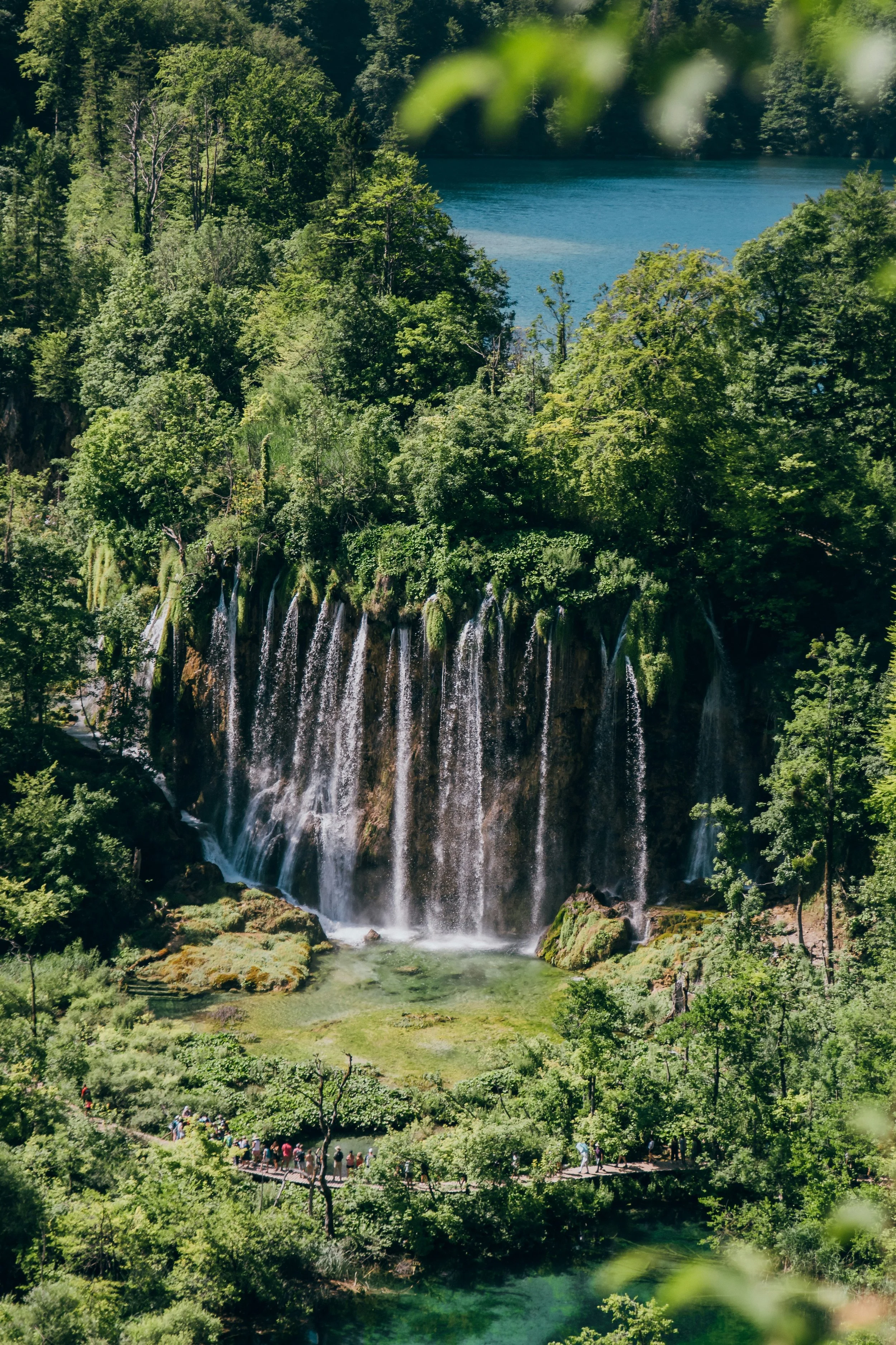A lush green landscape with a waterfall cascading into a pool, surrounded by trees, with a lake in the background.