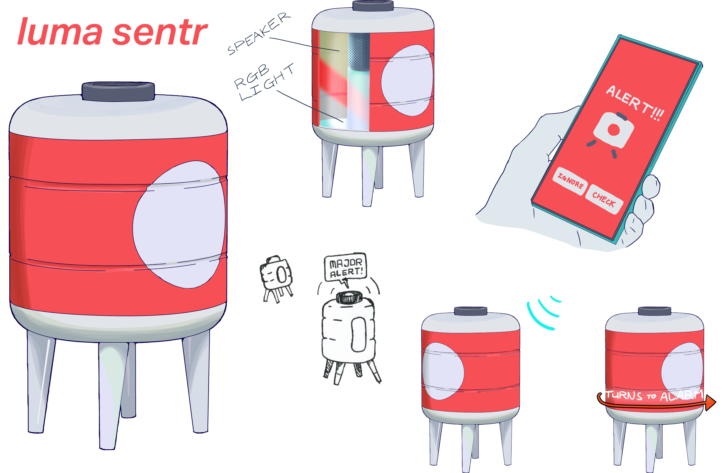 A red and white water cooler with a round white circle on its front, placed on four legs. The illustration shows a smartphone displaying an alert with buttons labeled 'Ignore' and 'Check', and an alarm with a speech bubble saying 'Major Alert!'. The scene indicates a security or alert system for the water cooler.
