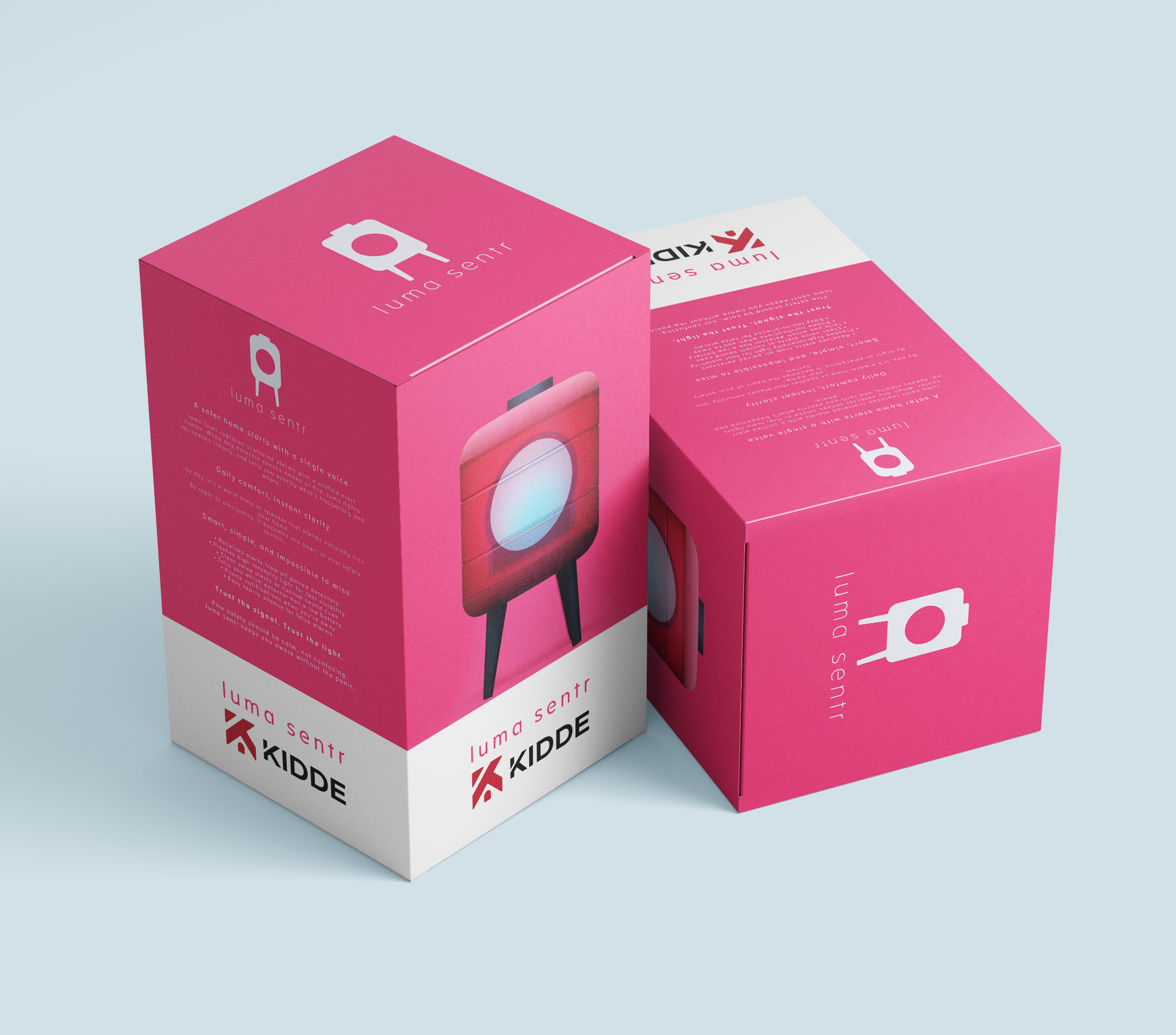 Two pink product boxes labeled 'Luma Sent' and 'KIDDE' on a light blue background, with one box showing a stylized illustration of a light and the other box with product information.