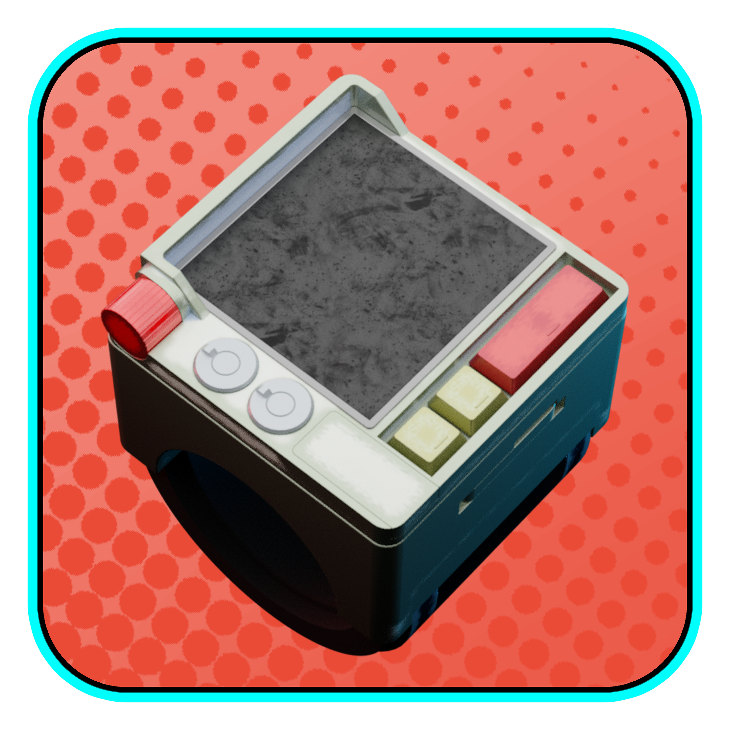 Voight-Kampff Test redesign with a large black screen, red and white buttons, and a gray textured surface, placed on an orange polka-dotted background with a turquoise border.