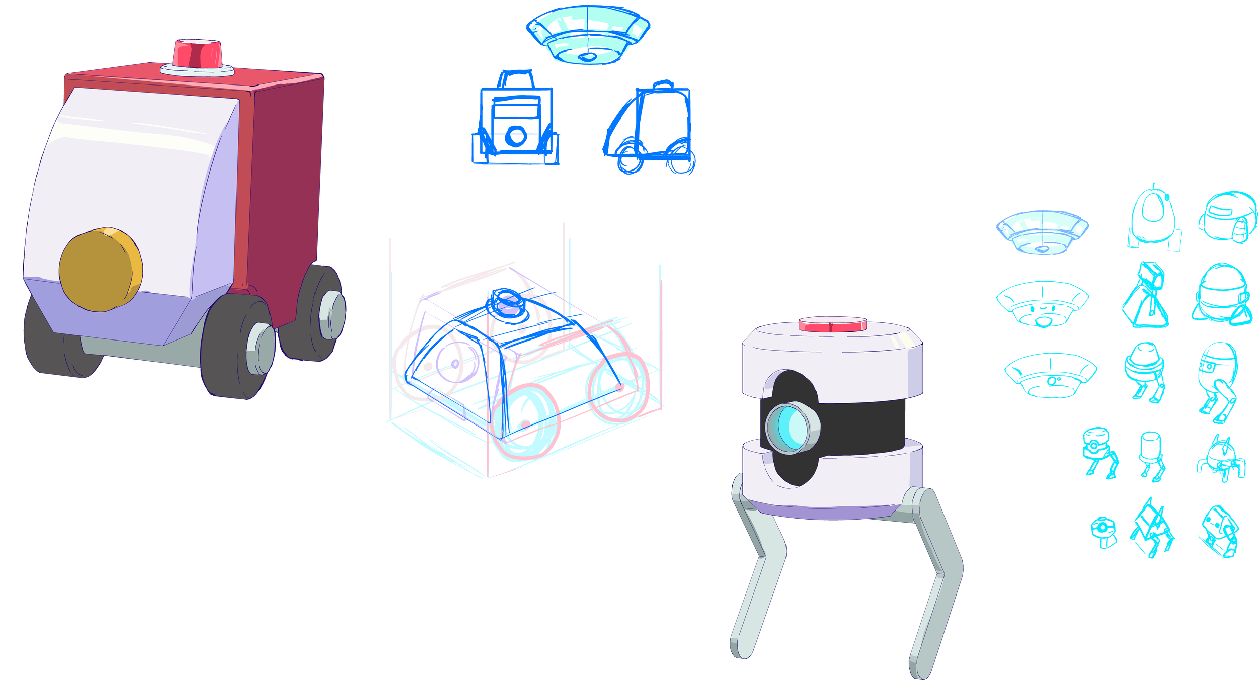 Digital illustration showing various stages of designing and prototyping a small robot with a white body, black band, and blue eye, including sketches, 3D models, and real prototypes, set against a dark background.