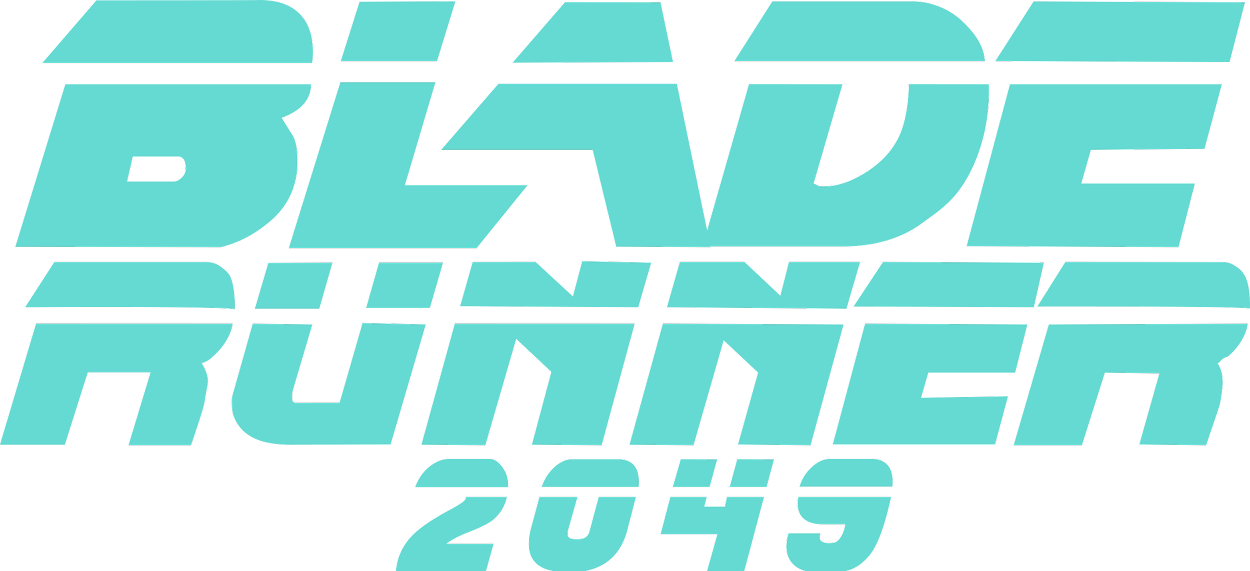 Teal text on black background saying 'Blade Runner 2049' in stylized font.