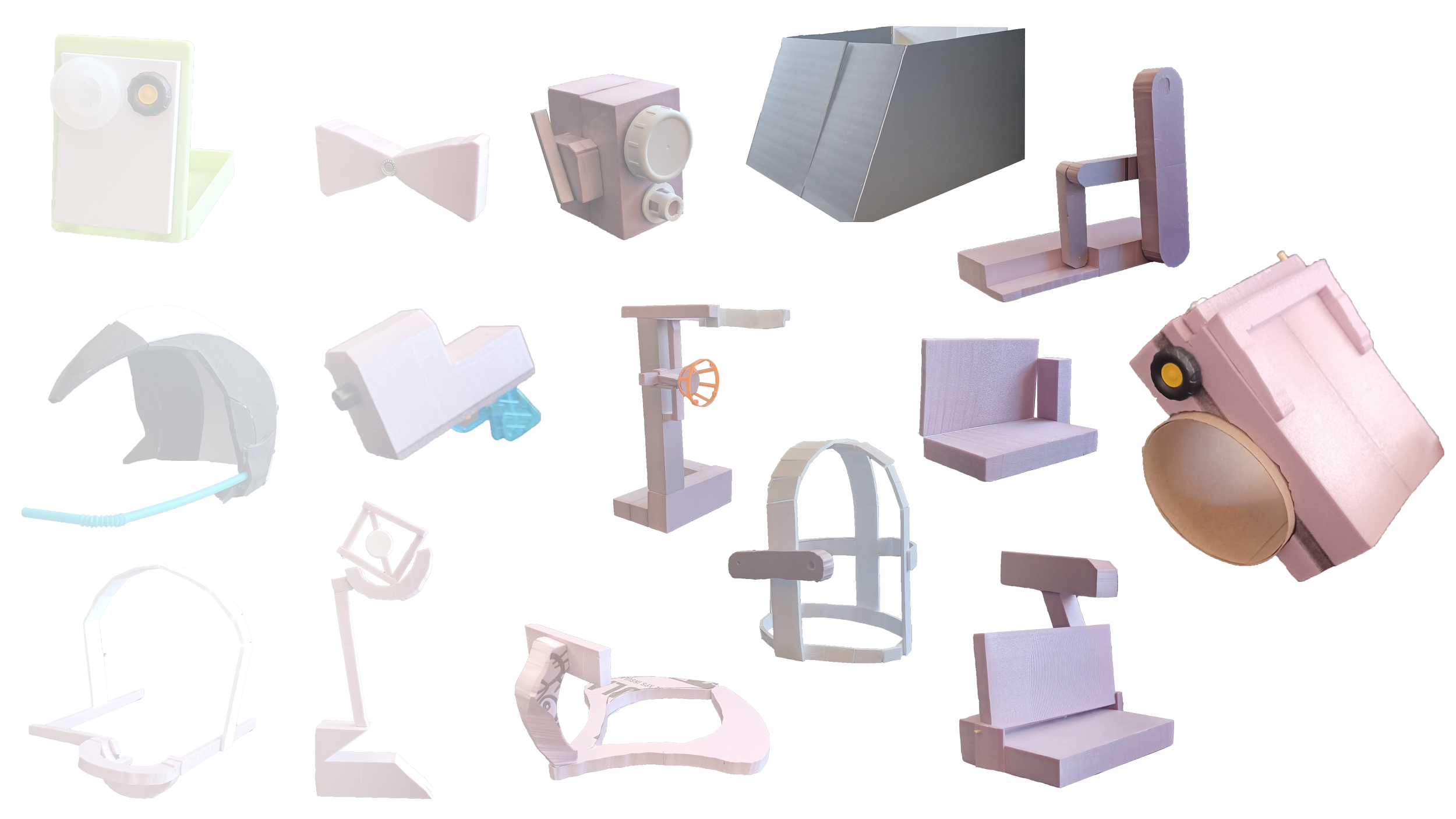 Collection of pink and purple toy furniture and accessories, including beds, chairs, a desk, a wheel chair, a mirror, and other play items.