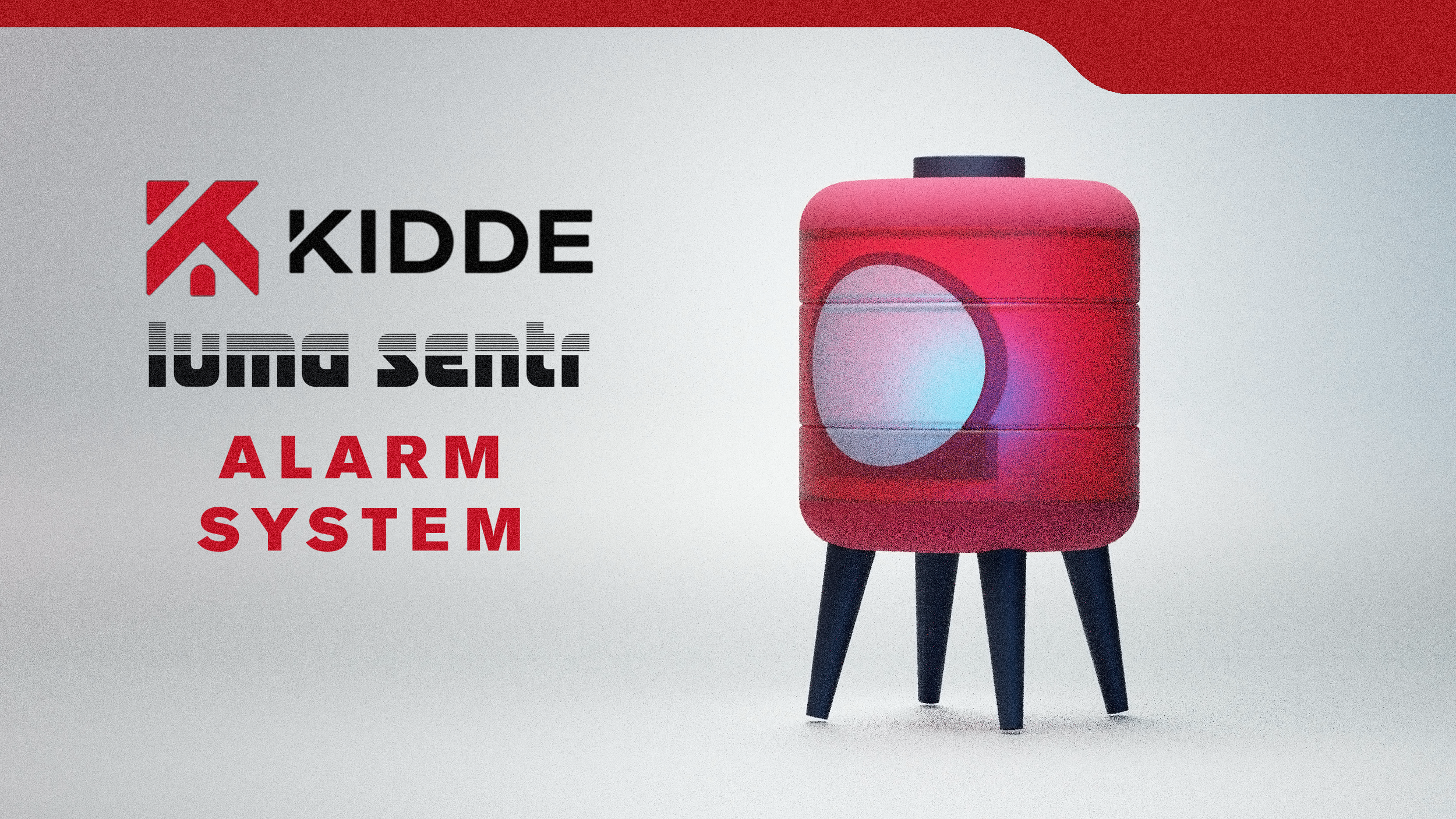 A Kidde home sentry alarm system device with a pink casing, circular light indicator, and black legs, shown next to text that reads 'Kidde Home Sentry Alarm System'.
