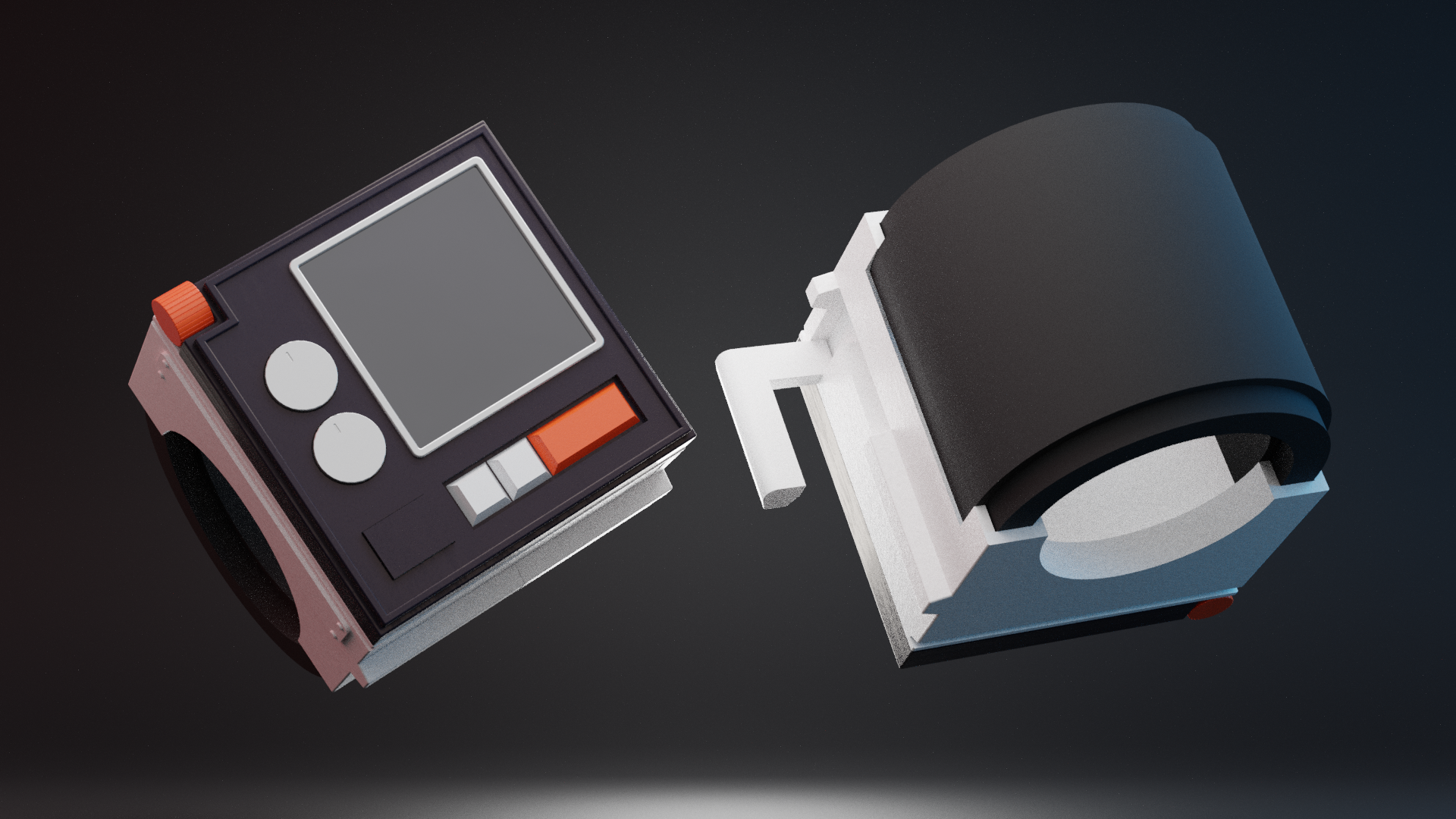 A 3D-rendered digital image of two vintage film cameras with a black background. One camera is black with silver, orange, and white accents, featuring a large square viewfinder and several buttons. The other camera is white with a large black, rounded lens or film reel housing.
