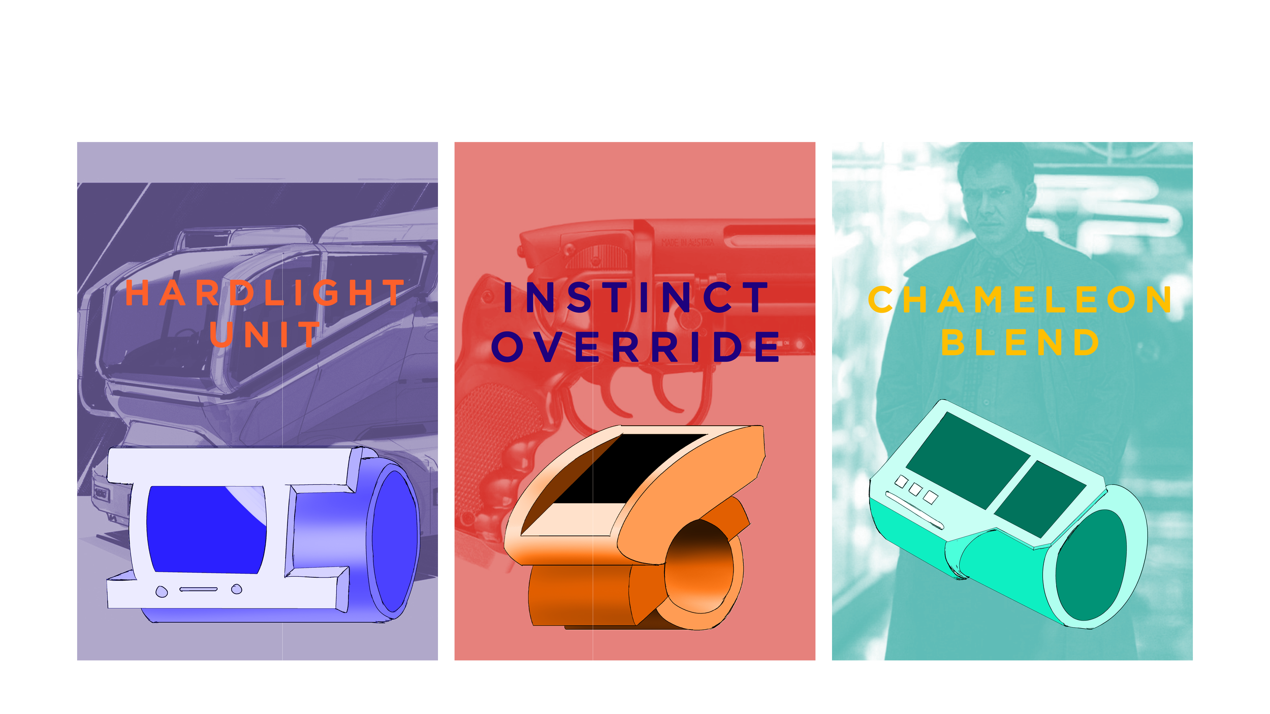 Three sections displaying different digital devices and their names. The first section shows a futuristic car dashboard labeled 'Hardlight Unit' with a purple background. The middle section features a portable gaming device labeled 'Instinct Override' with a red background. The third section depicts a man holding a tablet-like device labeled 'Chameleon Blend' with a teal background.