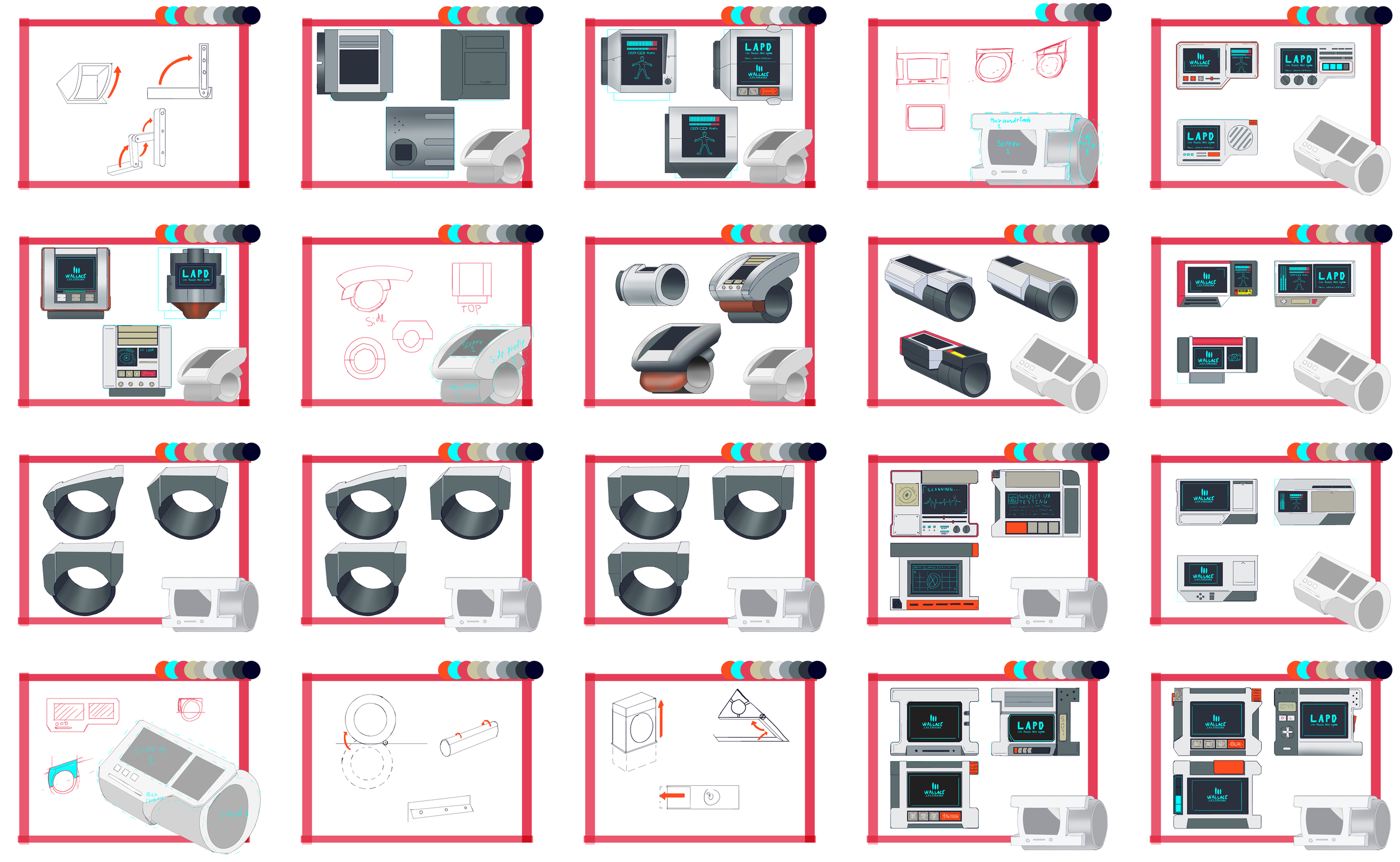 Compilation of illustrations showcasing security and surveillance equipment, including cameras, monitors, control panels, and related accessories.