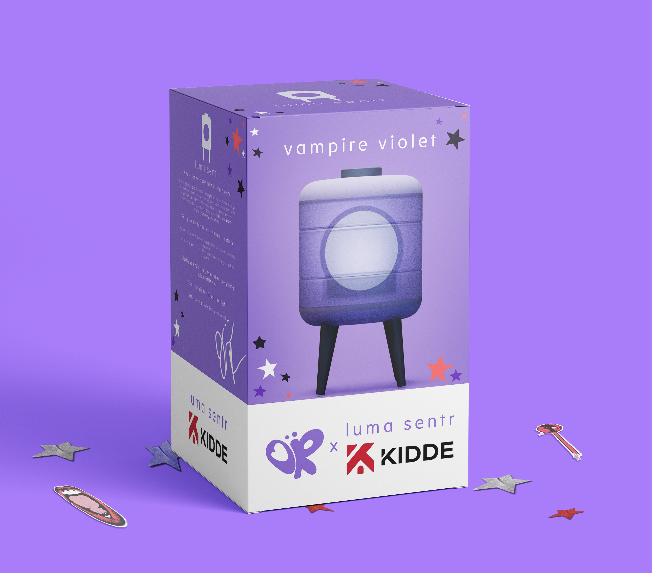 Product packaging for a purple night light shaped like a square with rounded edges and three black legs, labeled 'vampire violet,' with decorative stars around it, set against a purple background with star-shaped confetti scattered in front.