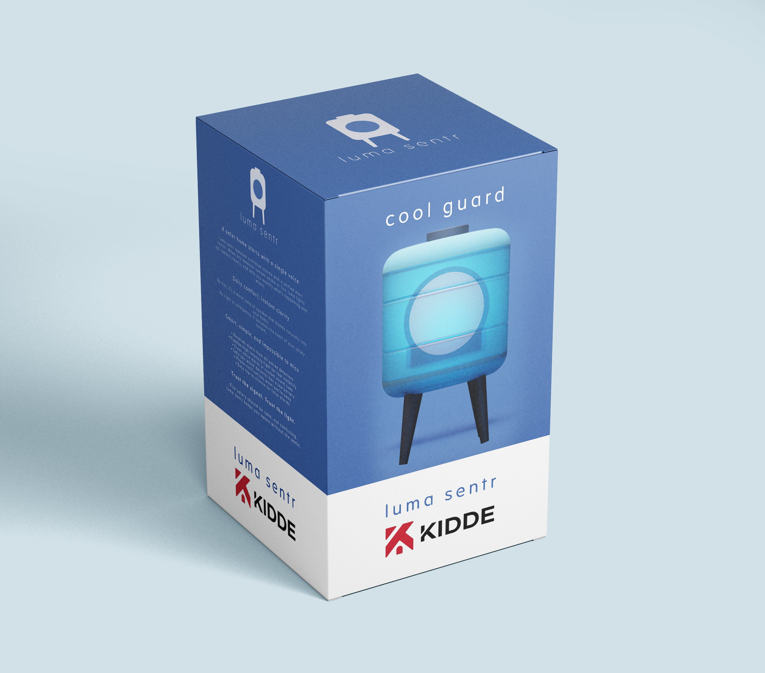 Product packaging for a cool guard by Luma Sent, in blue with a circular light on the front, standing on two black legs.