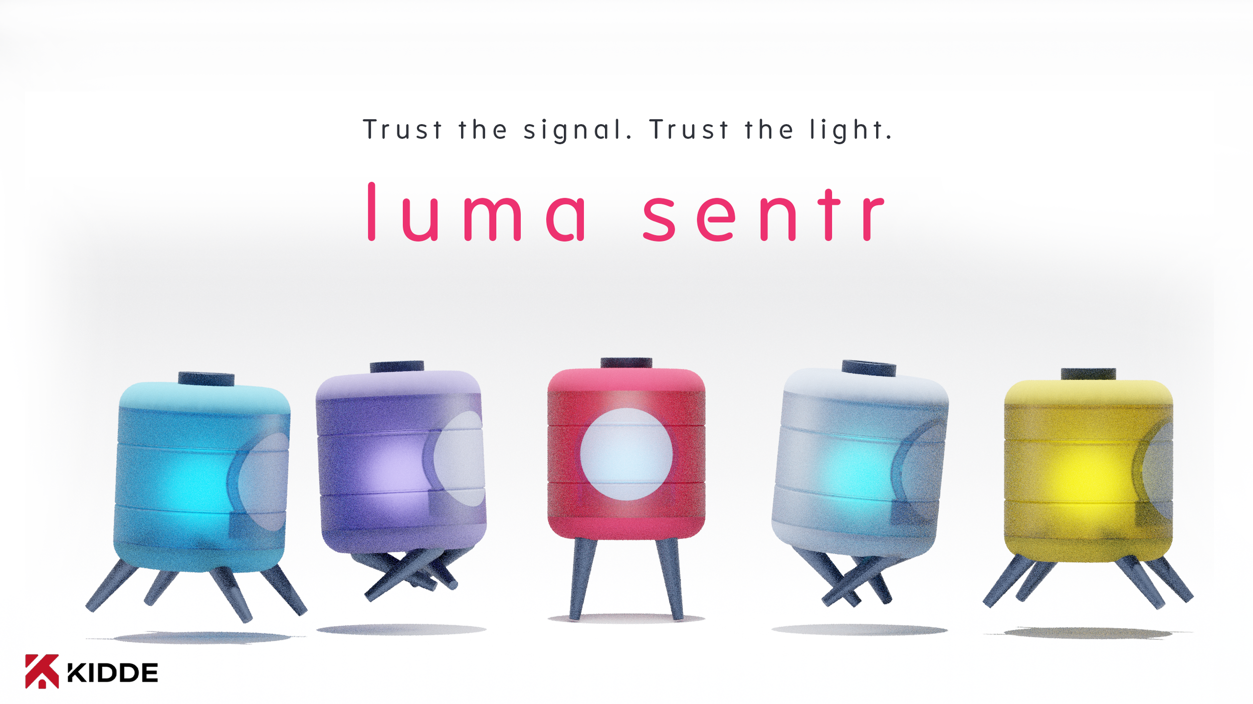 Colorful robot lamps with music notes, blue, purple, red, white, yellow, and black, with the text 'Trust the signal. Trust the light. Luma Sentr' and the Kidde logo in the bottom left corner.