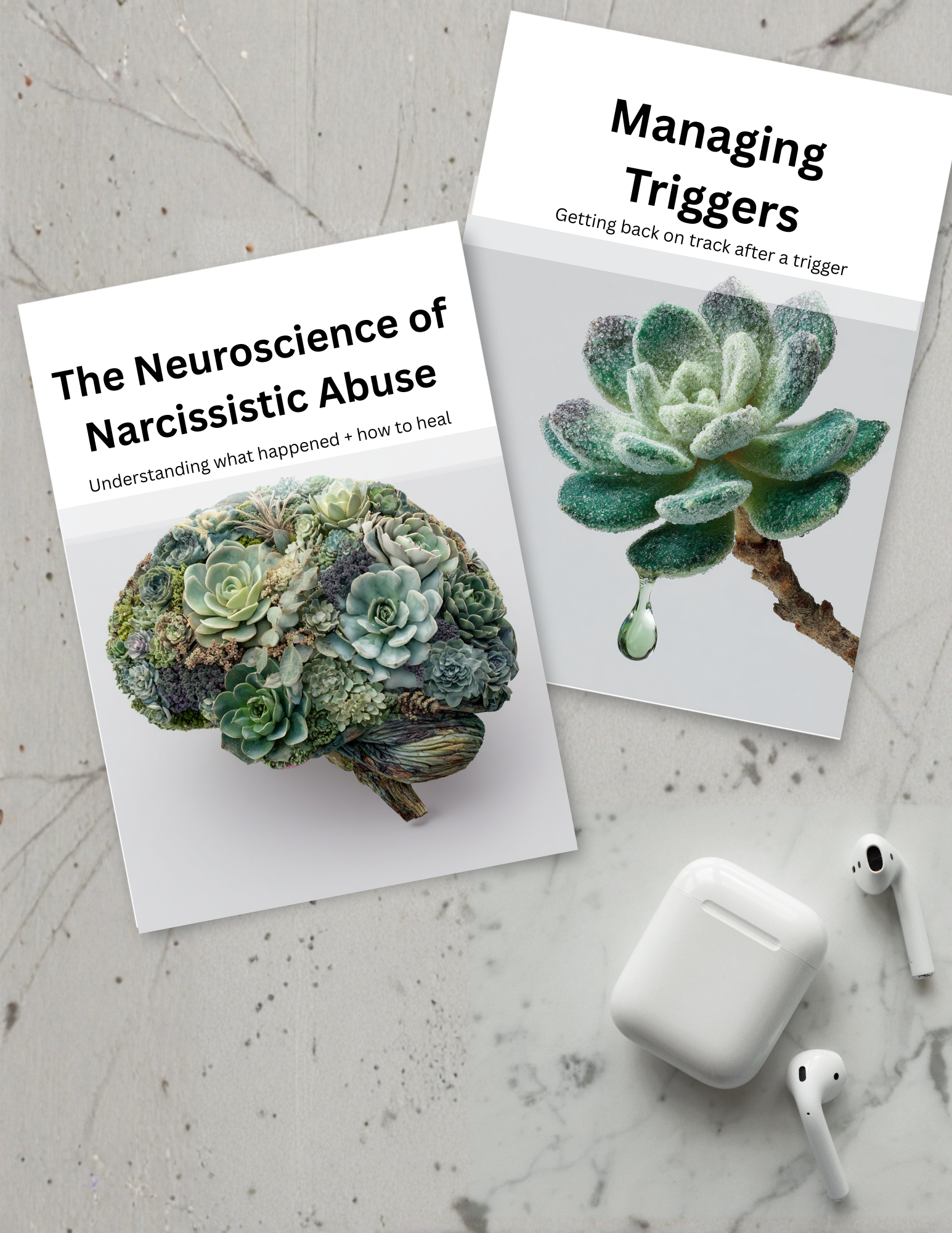 Two e-books with titles about neuroscience and managing triggers on a white surface, with a pair of wireless earbuds and a charging case nearby.