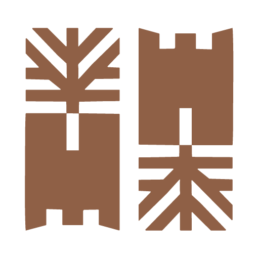 A geometric design featuring stylized trees and castle-like structures in beige and black colors.