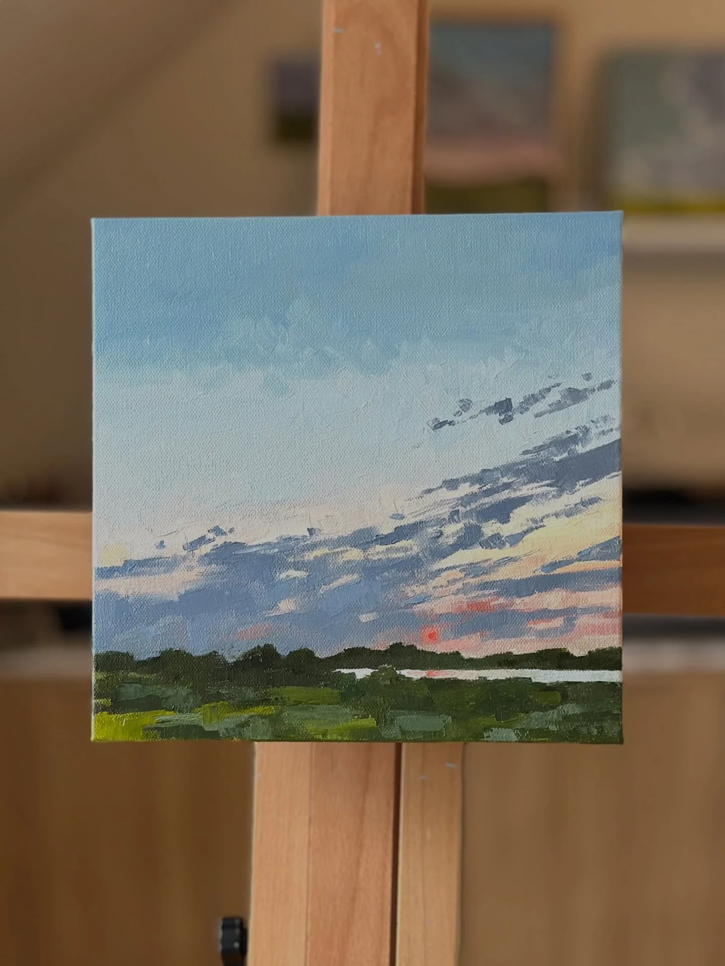 Sunset Memory 10x10

This oil painting captures the fleeting magic of sunset, blending warm golds with gentle pinks and soothing blues, while the land below offers a peaceful contrast. 
I wanted to hold onto that moment when time feels suspended and 