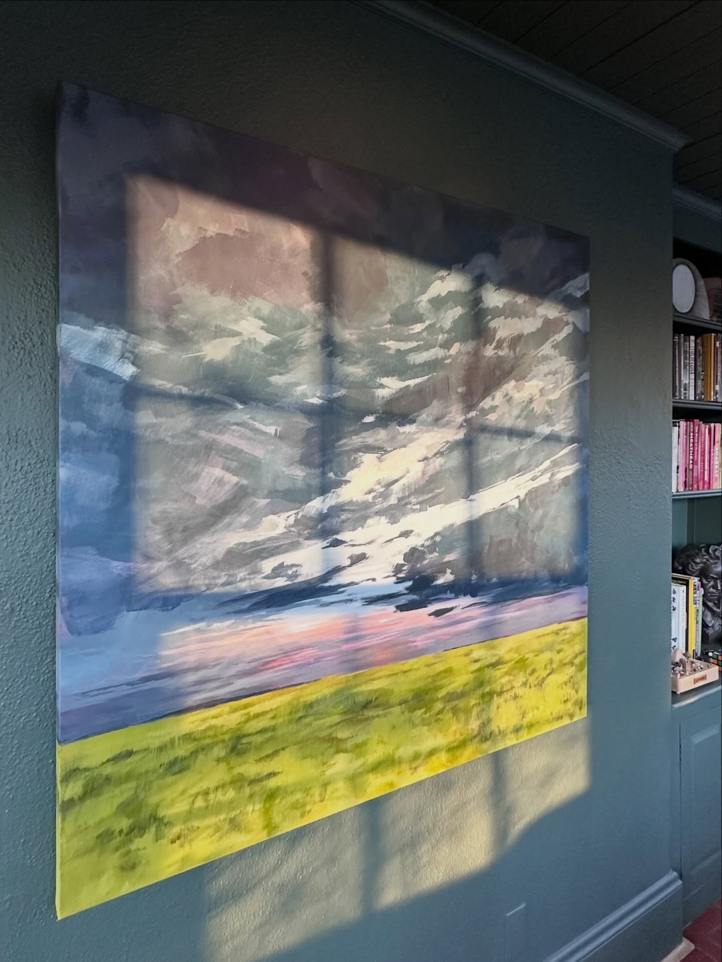 Finally finished this giant landscape piece. Watching it live on the wall has been a whole experience&mdash;the colors shift, the mood changes, and it almost feels like a different painting depending on the time of day. From soft morning light to gol