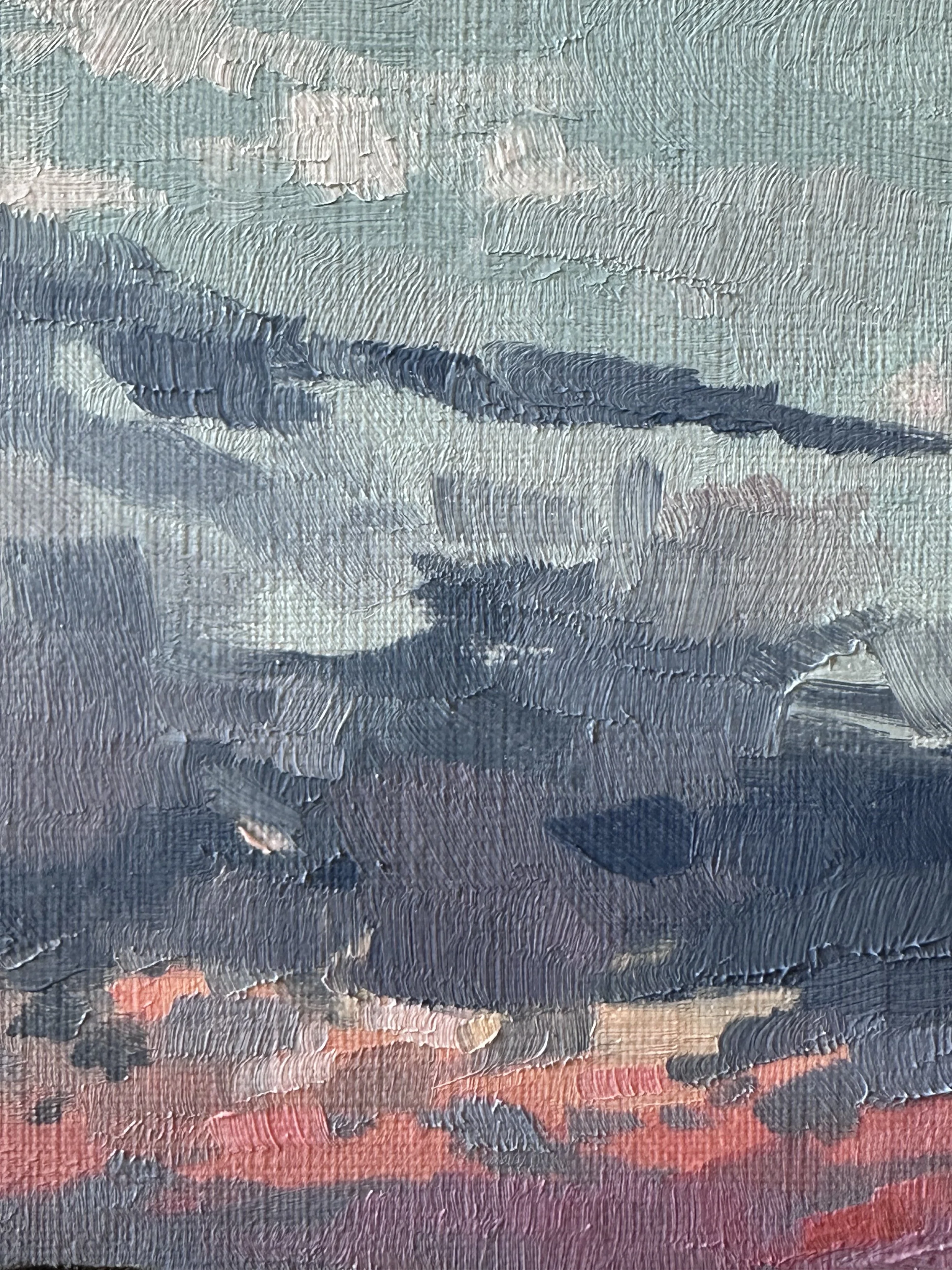 Close-up of an abstract painting with textured brushstrokes in shades of blue, gray, and hints of red and pink by Elizabeth Atlas.