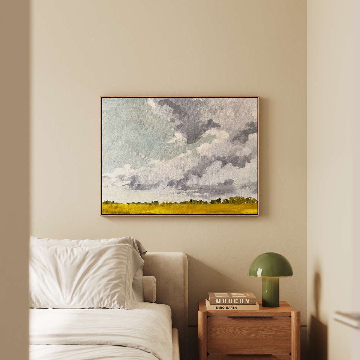 This original oil landscape paintingpainting of a cloudy sky over a yellow field hanging on the wall. As a Massachusetts-based fine art landscape painter, I’m inspired by quiet, atmospheric scenes that bring nature indoors. Perfect for collectors see