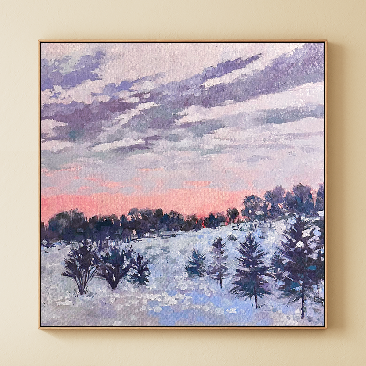 A 20"x20" oil painting of a winter landscape with snow-covered trees under a pink and purple sky.