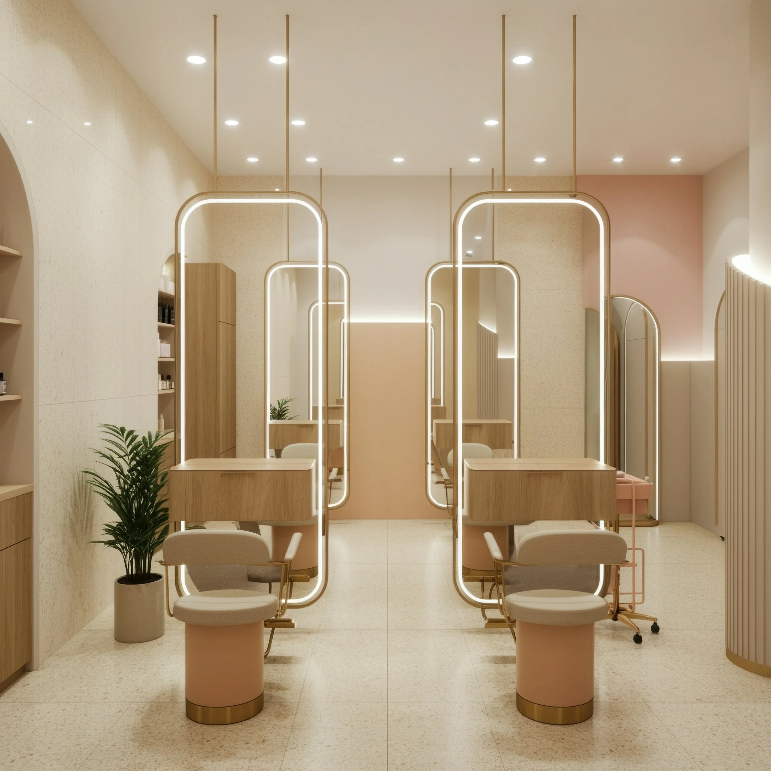 Interior of a modern beauty salon or spa with light pink walls, wooden furniture, and illuminated mirrors at each station. There are chairs, small work desks, and a potted plant on the left side. The ceiling has recessed lighting, creating a bright and welcoming atmosphere.