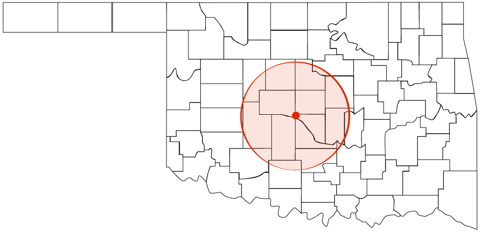 Map of Oklahoma highlighting Oklahoma City and surrounding areas