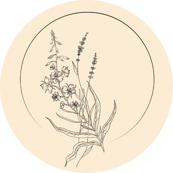 Sketch of a bouquet of fireweed and two stems of lavender, inset within a circle on a tan background.