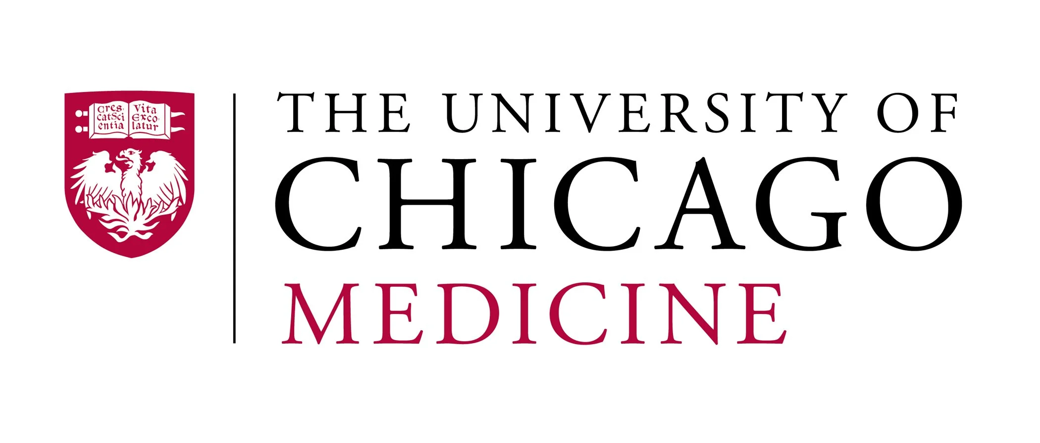 Logo of the University of Chicago Medicine featuring a shield with an open book and a lion, alongside the name of the university and the word 'MEDICINE' in burgundy.