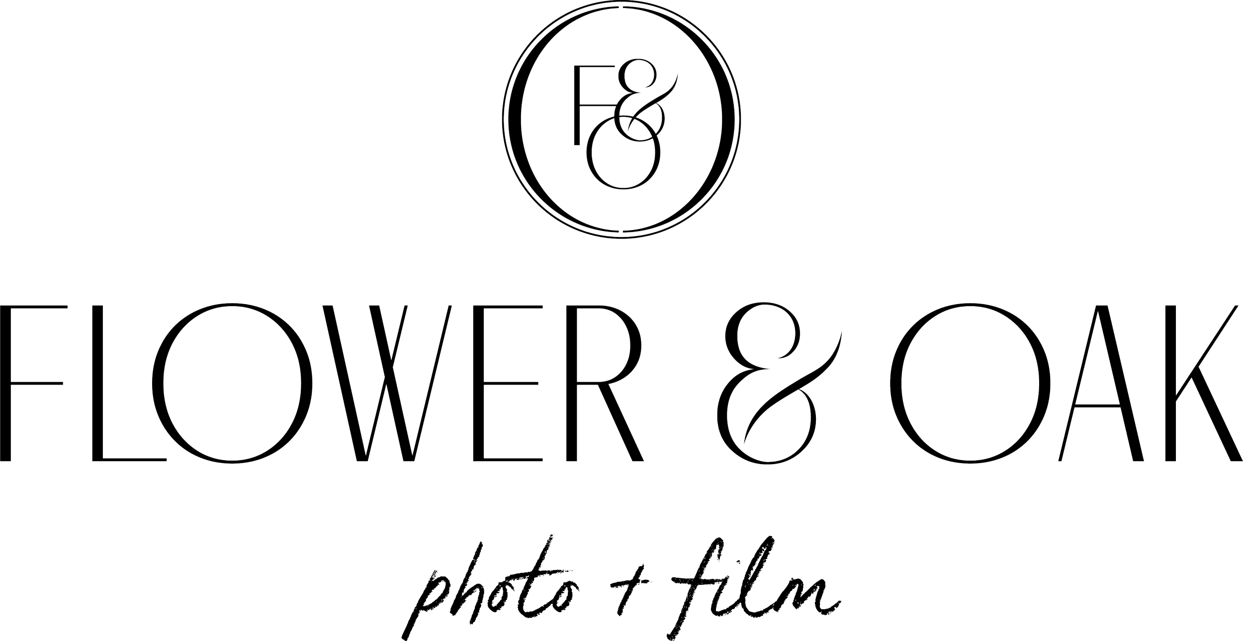 Logo for Flower & Oak photo + film, featuring a circular 'F&O' emblem above the brand name in thin uppercase letters.