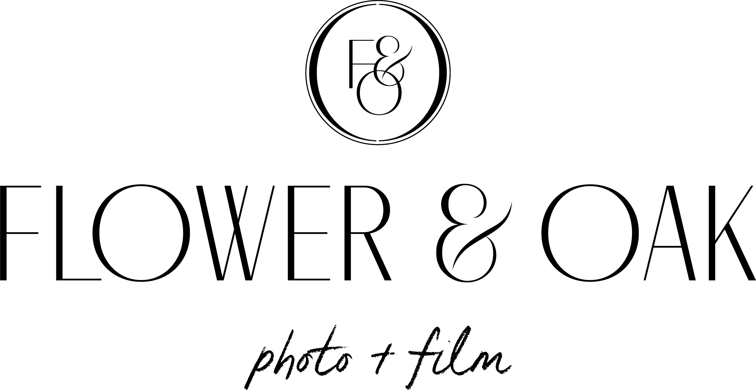 Logo displaying the words 'Flower & Oak' with additional smaller text that reads 'photo & film', and a circular logo containing the initials 'F' and 'O'.