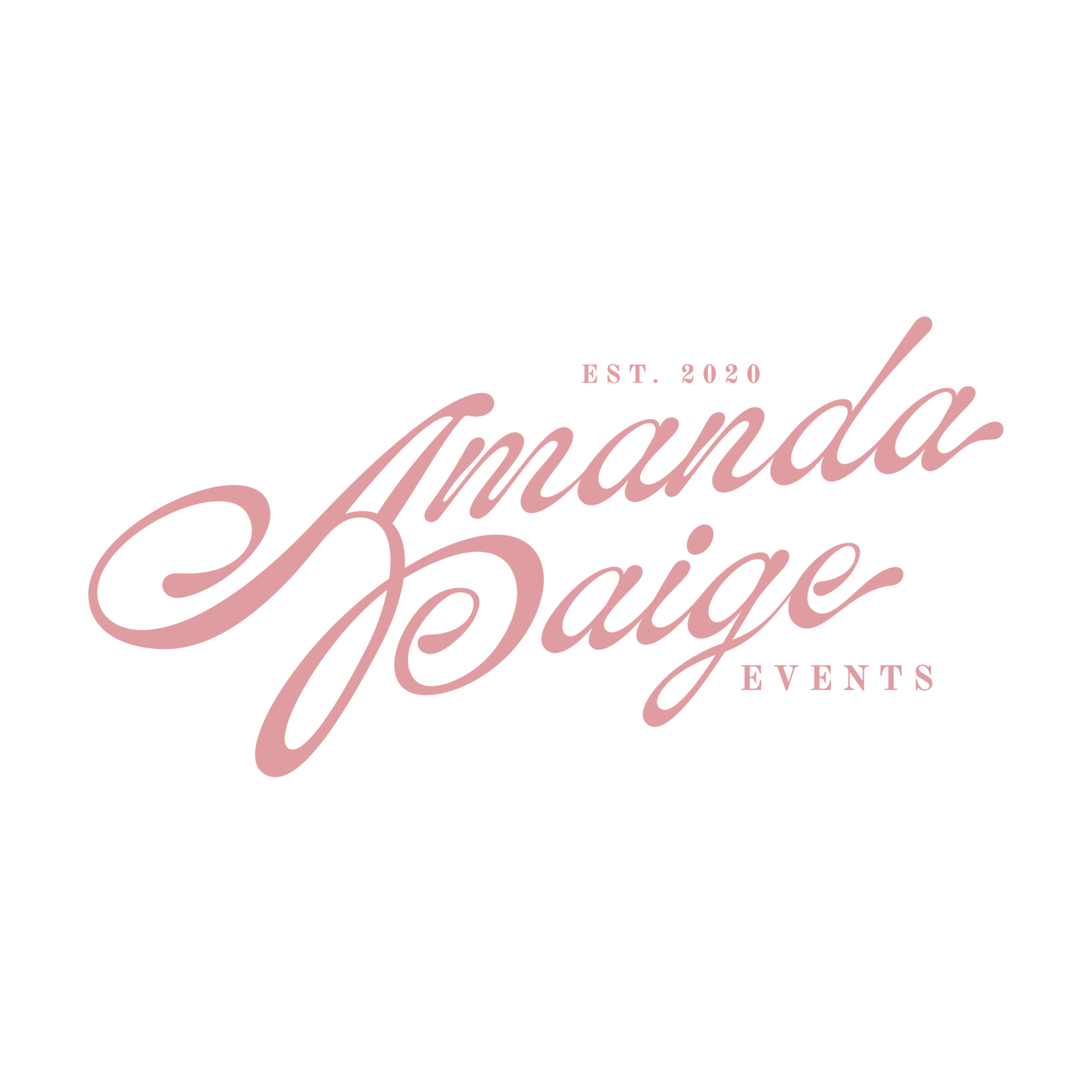 Elegant black and pink script logo for 'Amanda Events' with 'EST. 2020' in smaller text