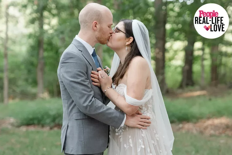 A bride and groom kissing in a forested outdoor setting, with a 'People' magazine logo in the top right corner.