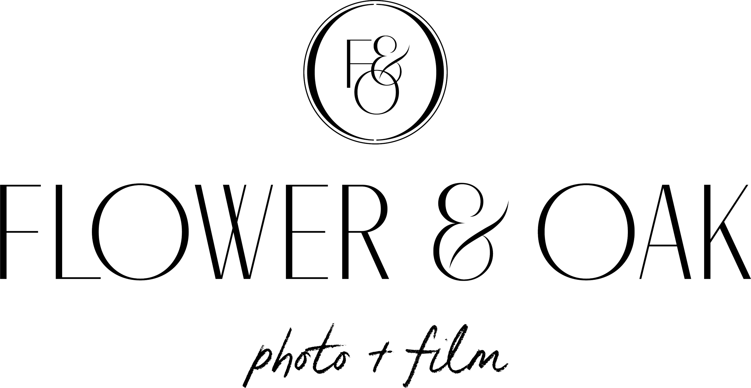 Logo displaying the words 'Flower & Oak' with additional smaller text that reads 'photo & film', and a circular logo containing the initials 'F' and 'O'.