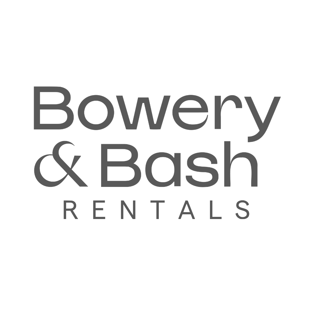 Logo for Bowery & Bash Rentals with black background and gray text.