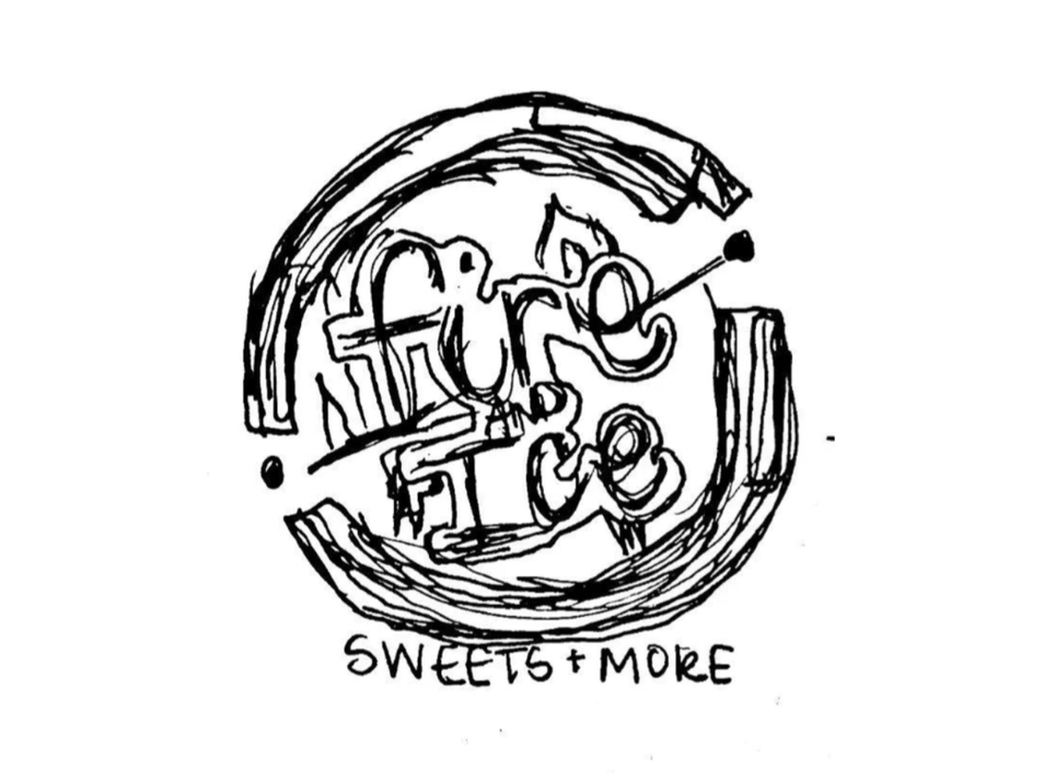 A sketch of a circular logo with a person sewing or knitting, surrounded by abstract shapes, with the text 'SWEETS + MORE' written below.