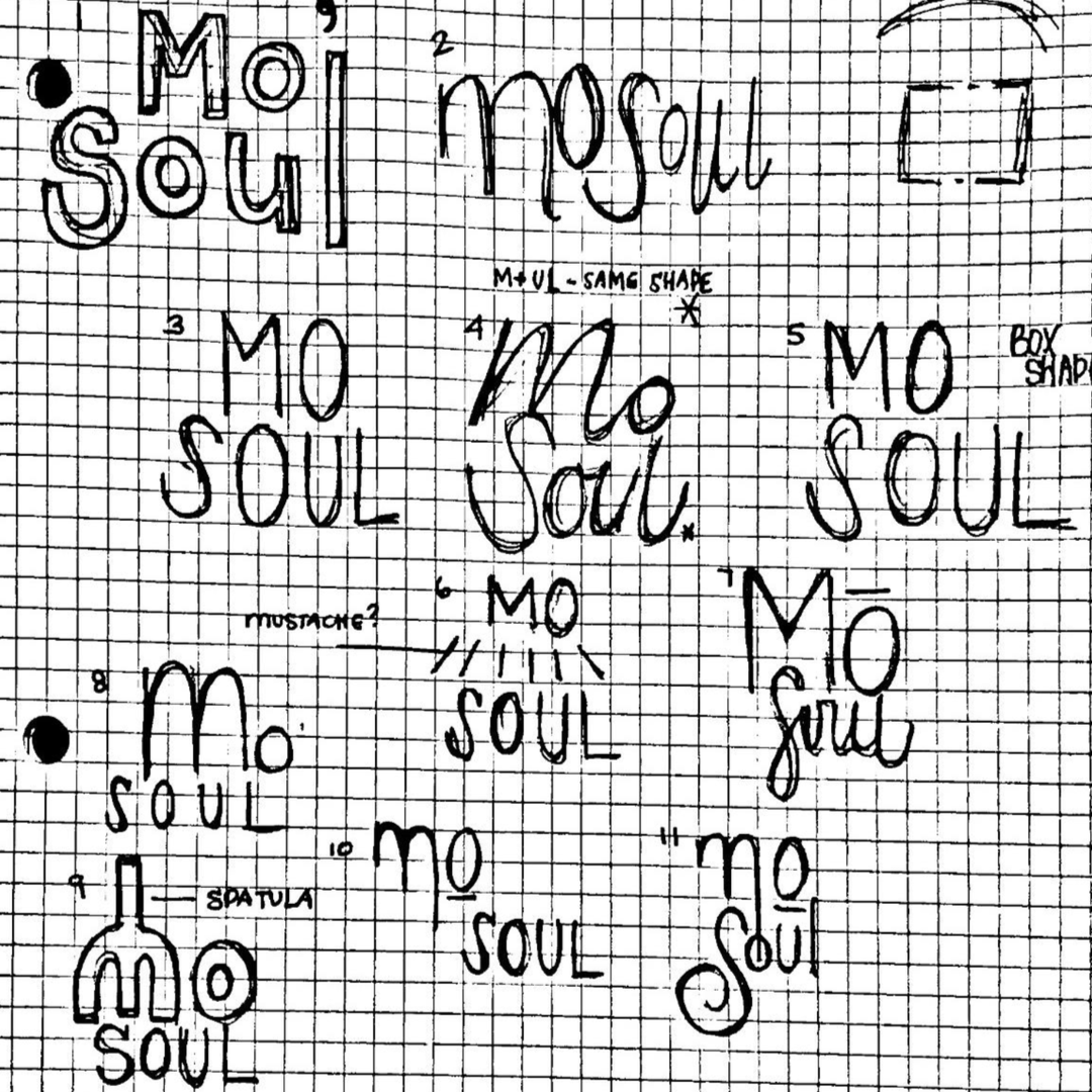 Collection of different hand-drawn artistic variations of the phrase 'Mo Soul' on graph paper, with some annotations and decorative elements.