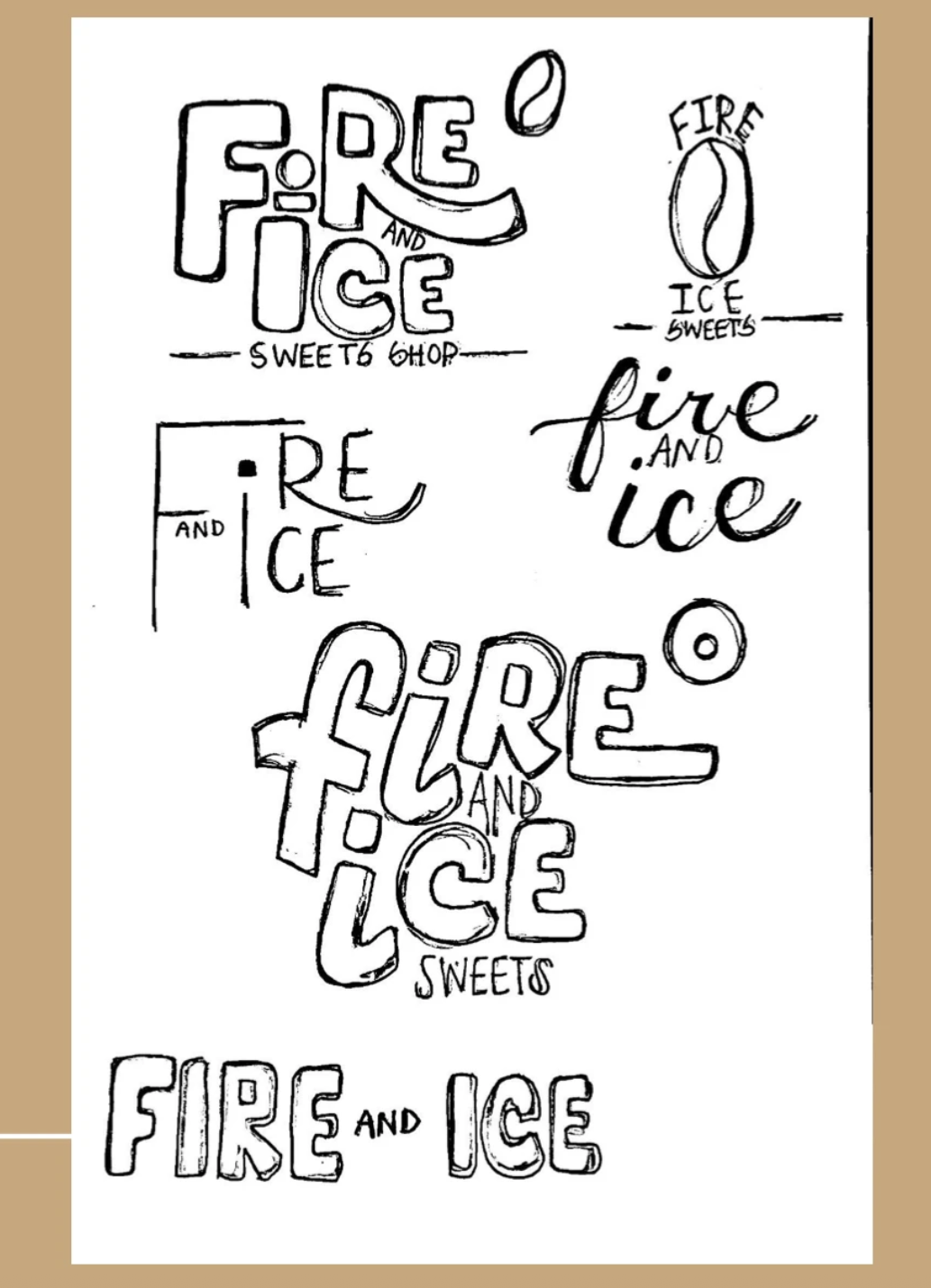 Hand-drawn text with variations of the phrase "fire and ice" accompanied by small illustrations of a fire flame and an ice cube, with additional words "sweets" and "6 chop" inside the phrases.