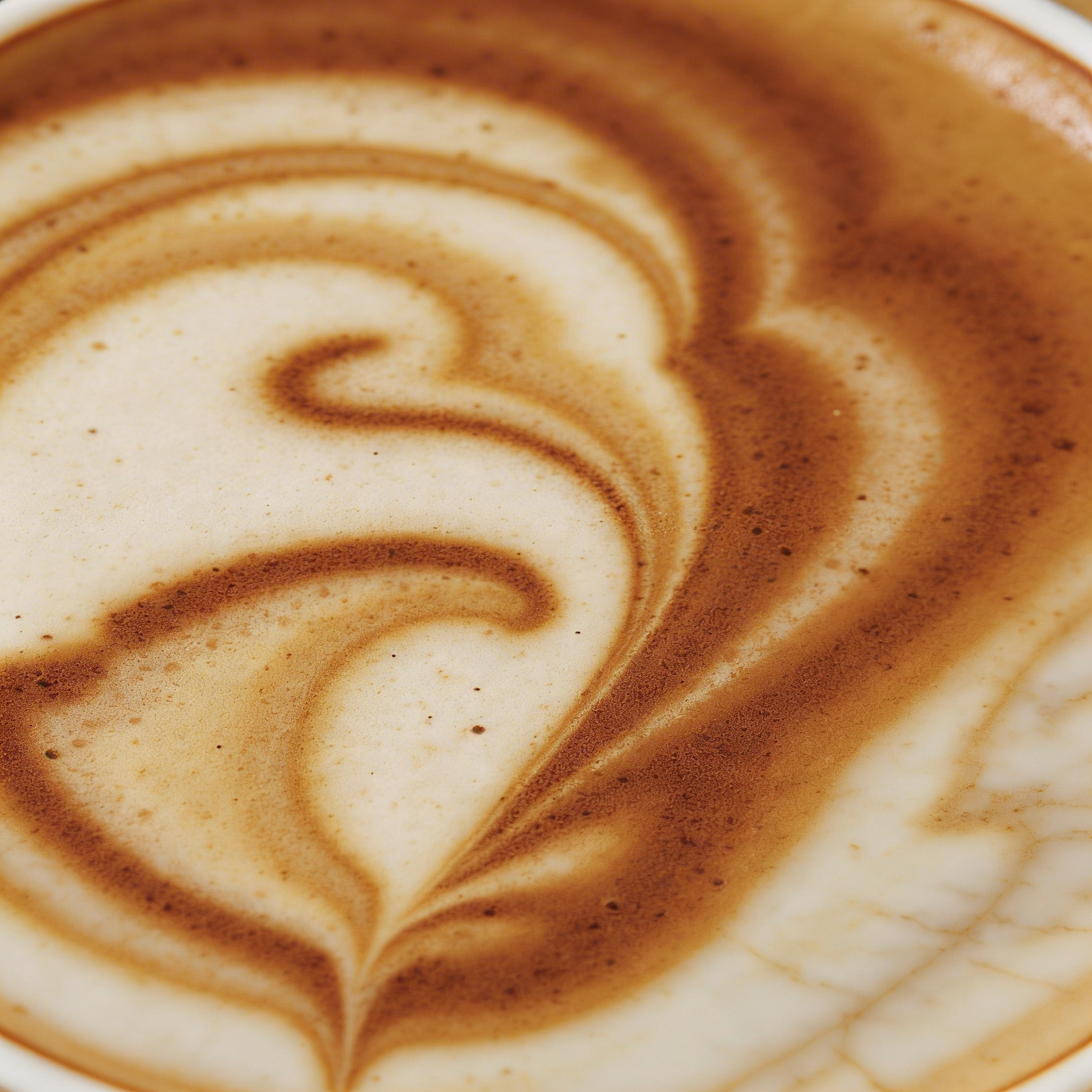 Close-up of a cup of frothy coffee with a cinnamon or cocoa powder swirl design on top.
