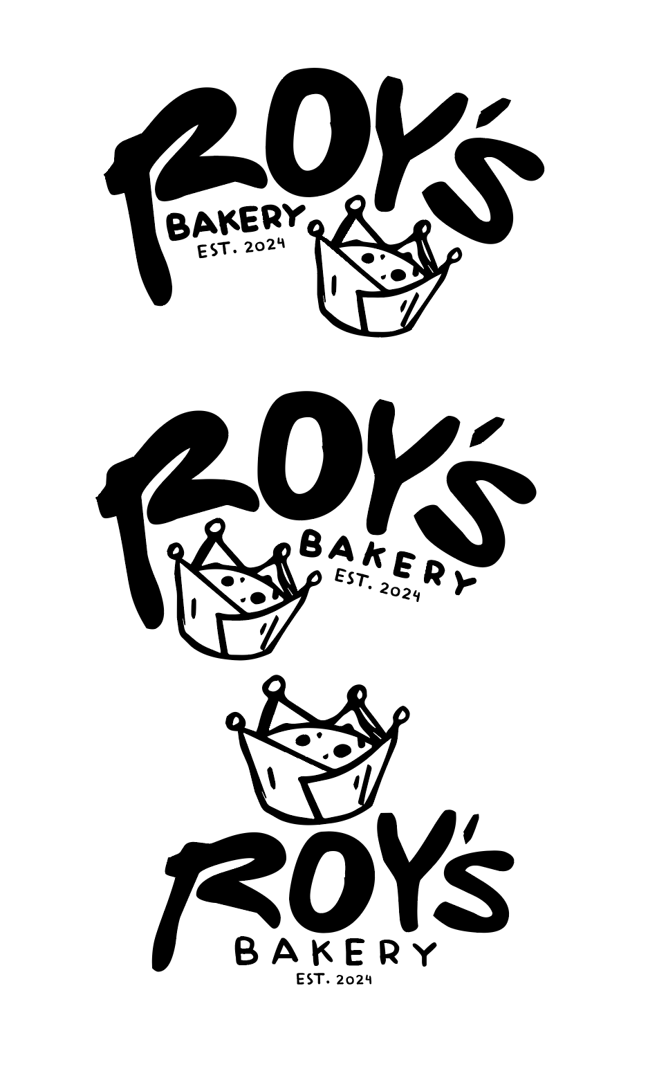 Three versions of a bakery logo, each featuring the words "FOY'S BAKERY EST. 2024" and an illustration of a crown-shaped cake with dots and lines. The logos are in black and white, with the text in bold, stylized font.