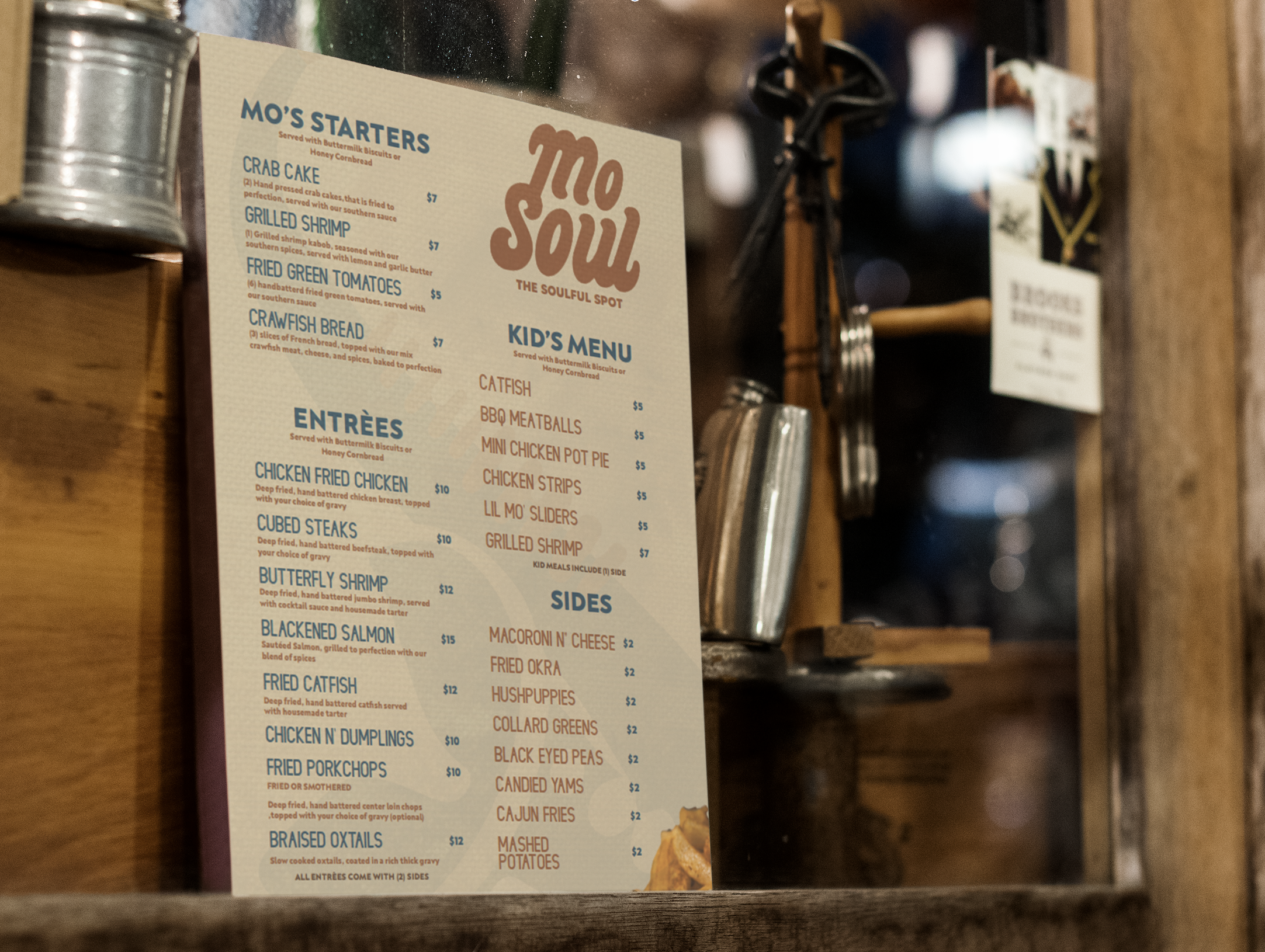 The menu titled "Mo's Starters" and "Kid's Menu" is visible on the wall, listing various food items and prices. The background shows part of a restaurant interior with wooden surfaces and some hanging utensils.