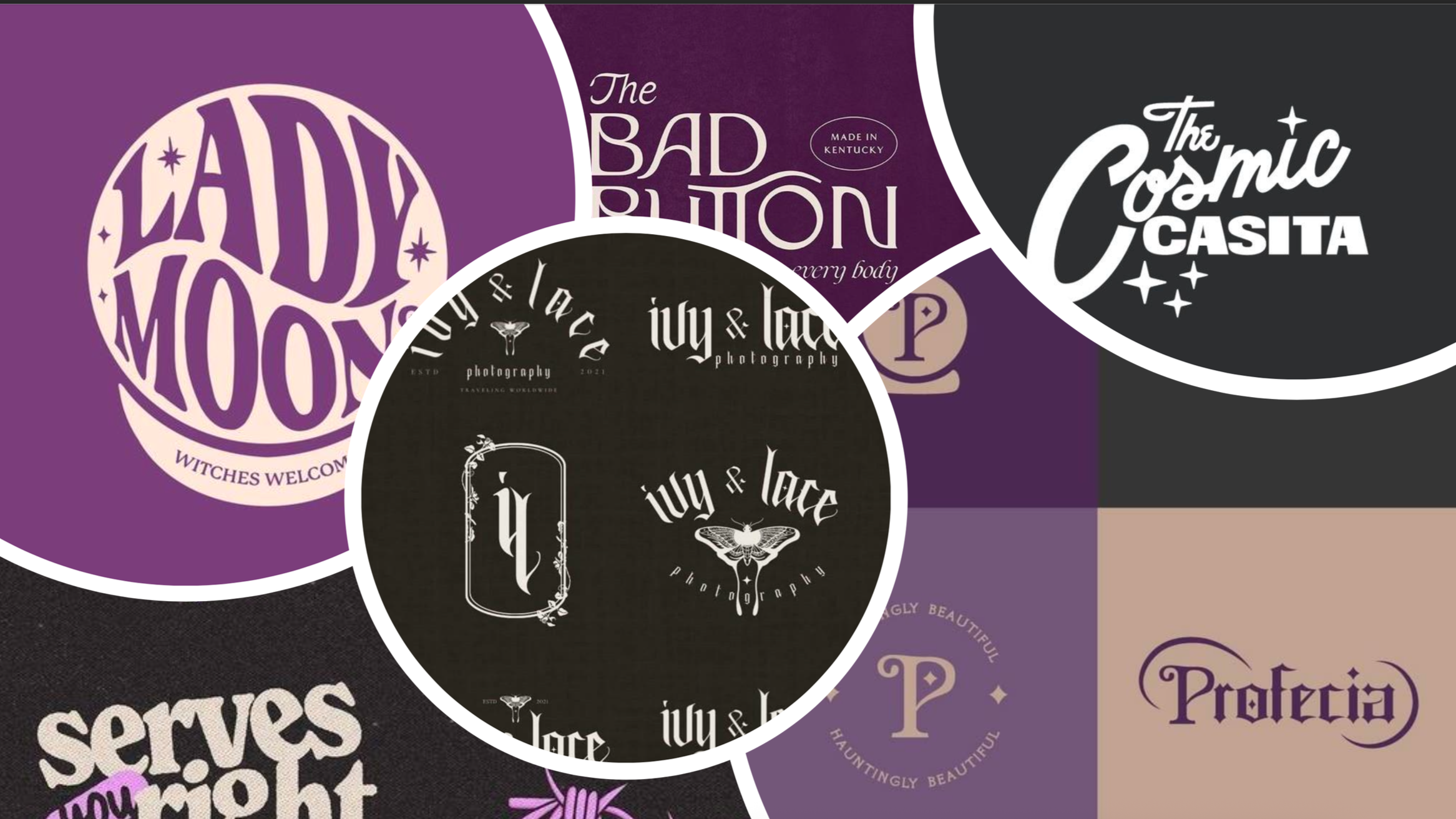 Collage of various logos and designs for creative businesses, including photography, branding, and cosmetics, with a predominant use of purple, black, and white colors.