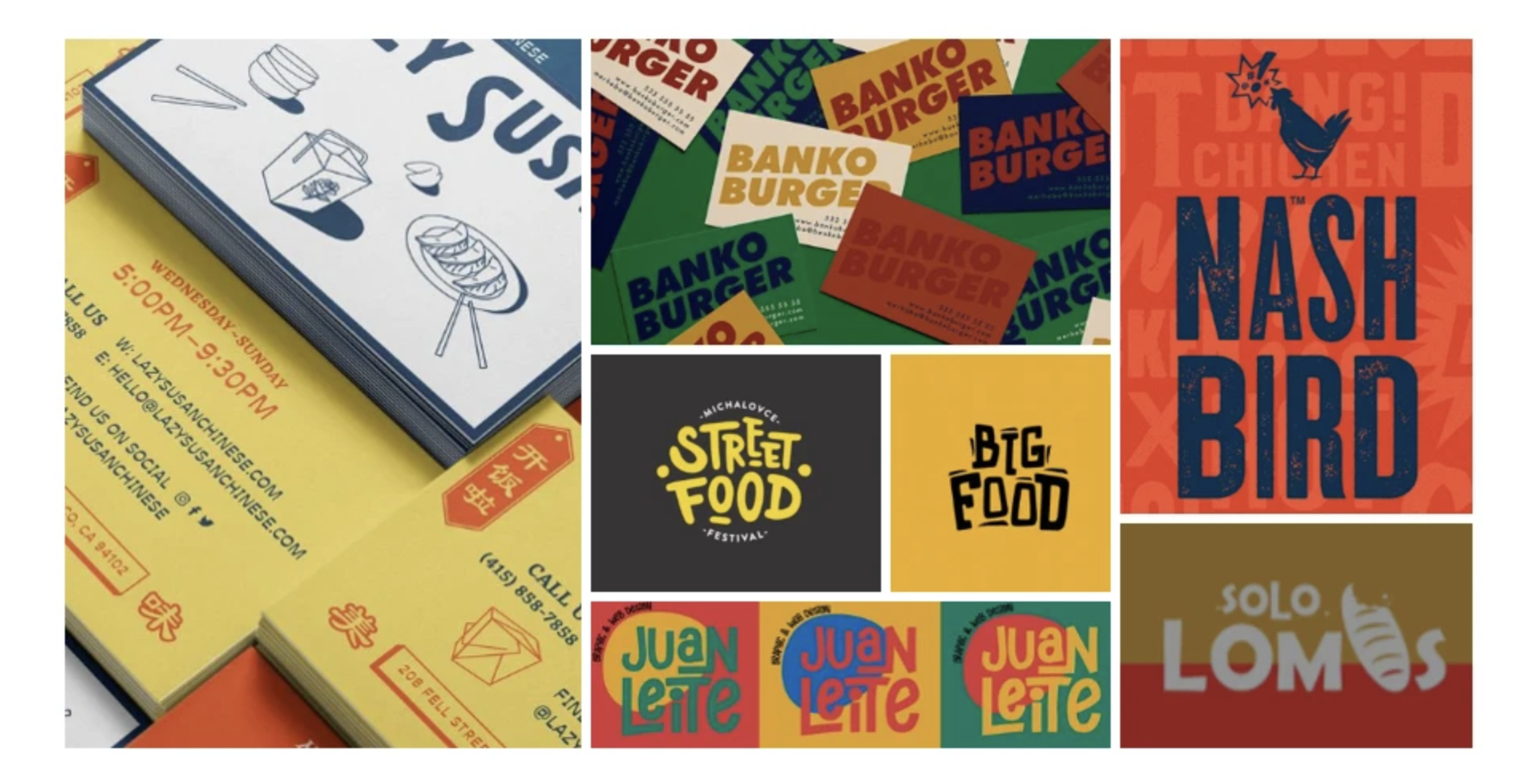 Collage of various food-related and restaurant branding images, menus, and signs with vibrant colors and bold text.