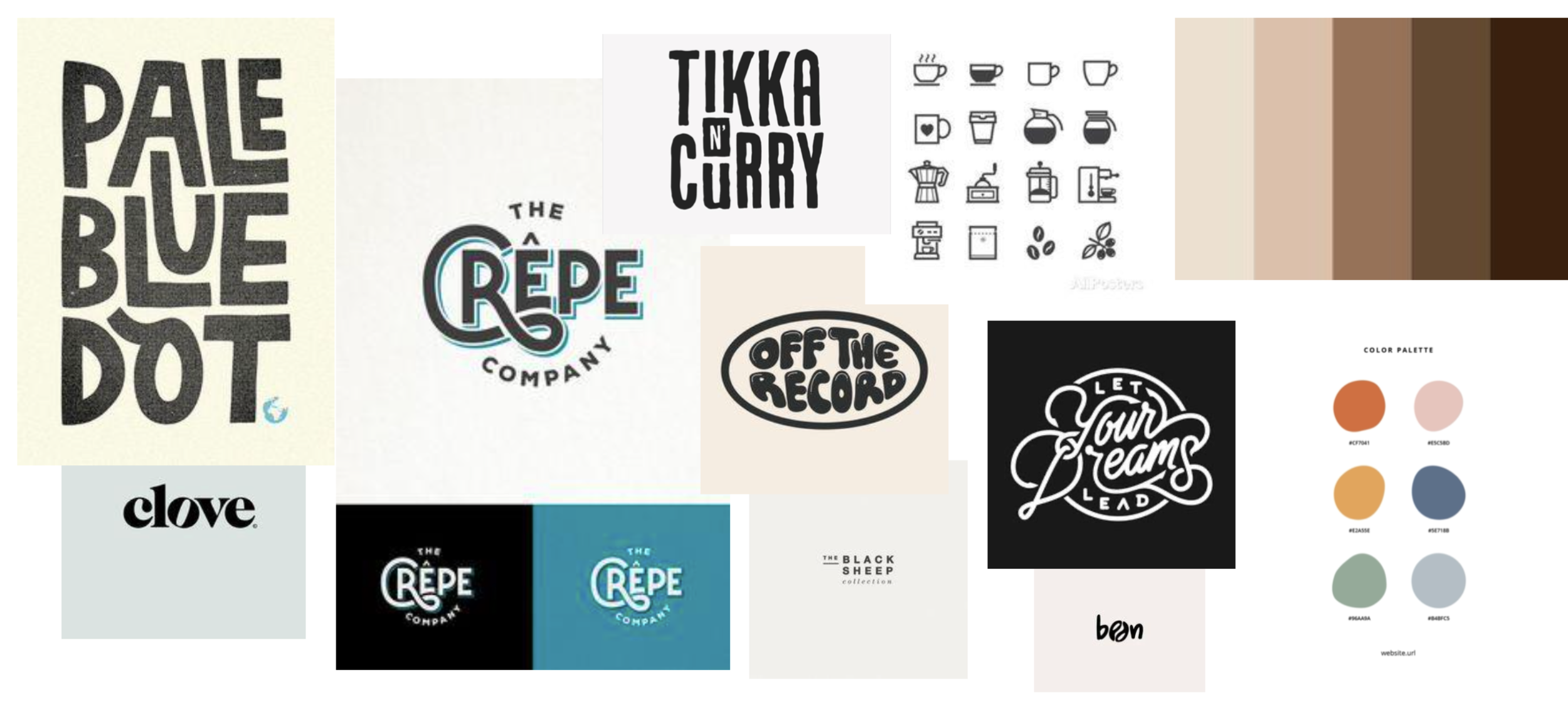 A collage of various logo designs, color palettes, and icons related to branding and creative projects.