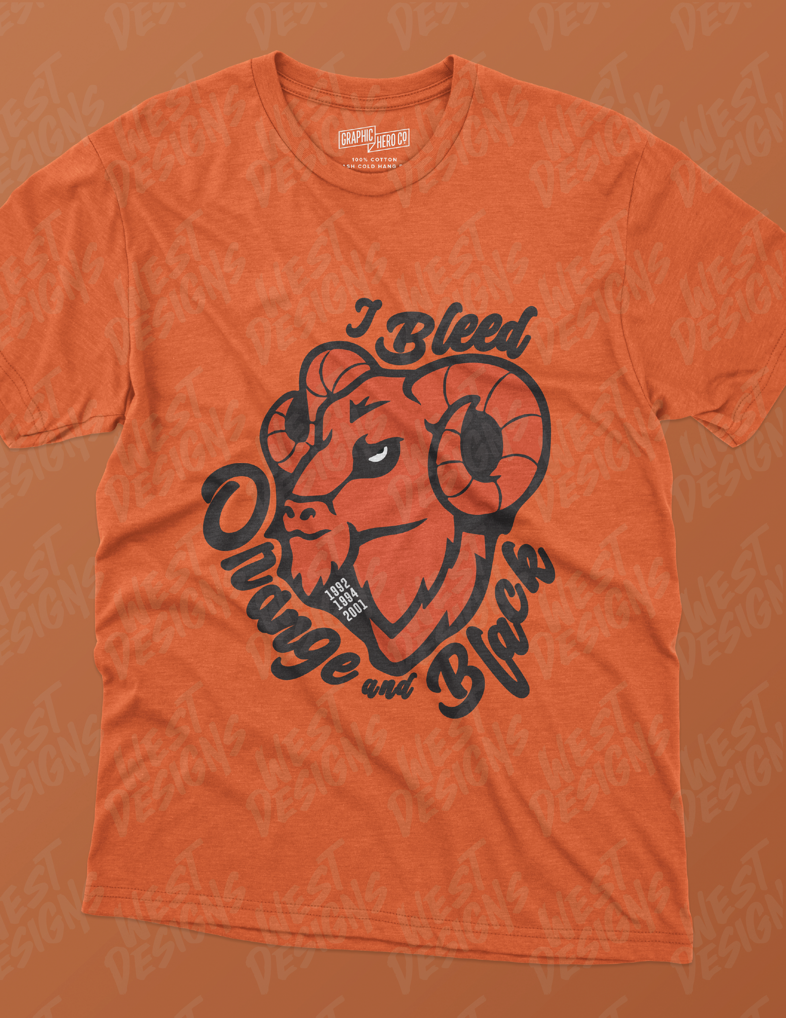 An orange t-shirt with a design of a ram and the text 'I Blad' and 'G'. The shirt is laid flat on a matching orange background.