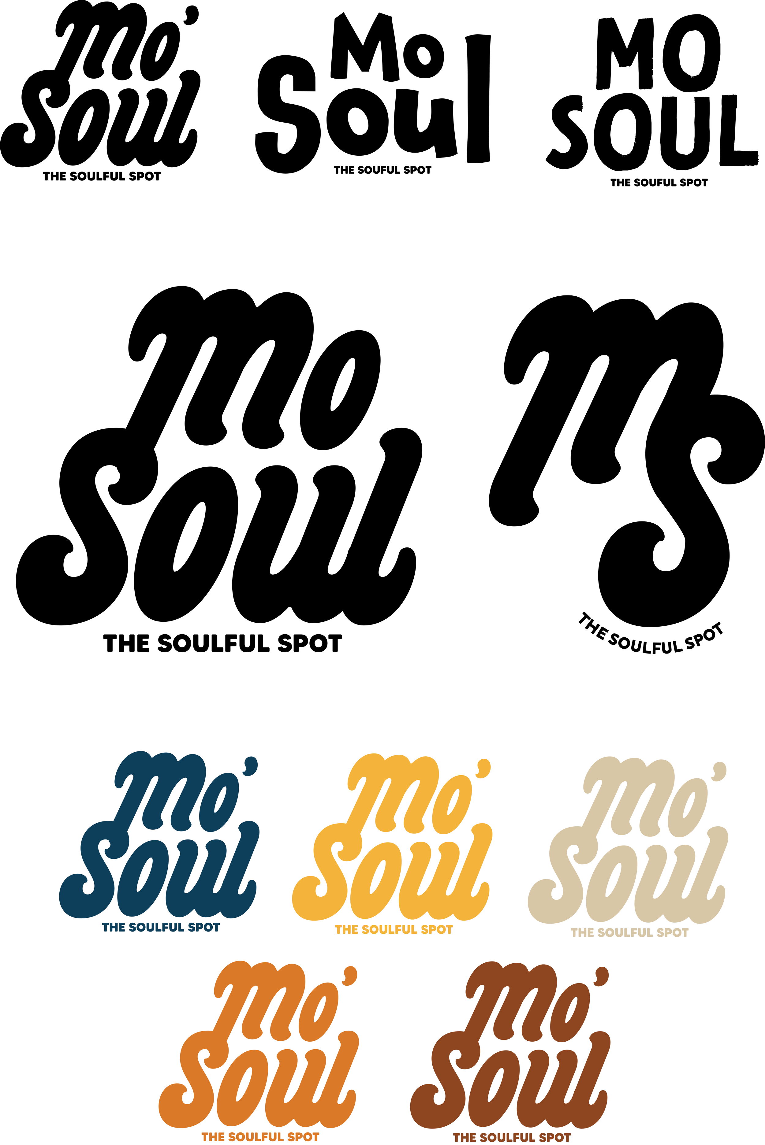 Multiple variations of the phrase "Mo' Soul" in different fonts and colors, with the subtitle "The Soulful Spot" underneath each.