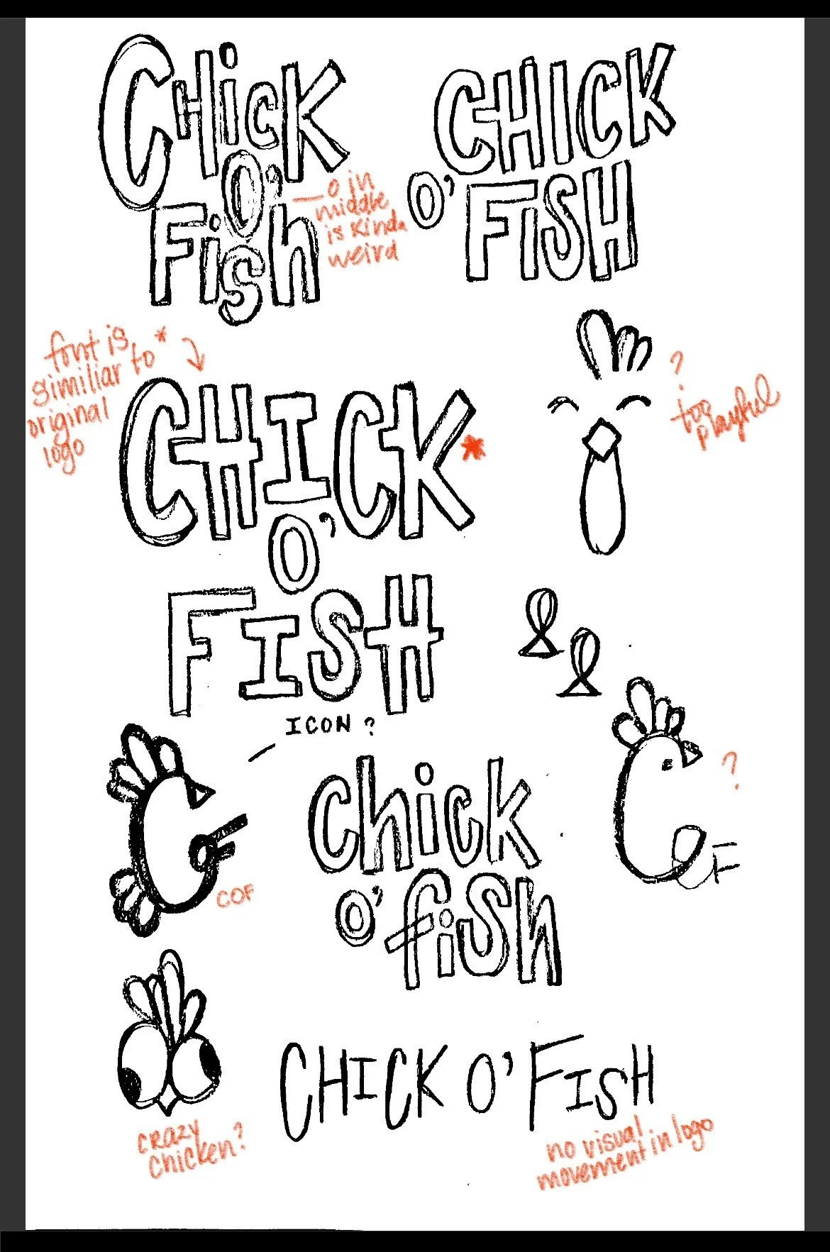 Sketches of different cartoon-style chicken and fish logos with annotations about their design features, including variations of chicken and fish icons, and notes about their similarities, differences, and visual characteristics.